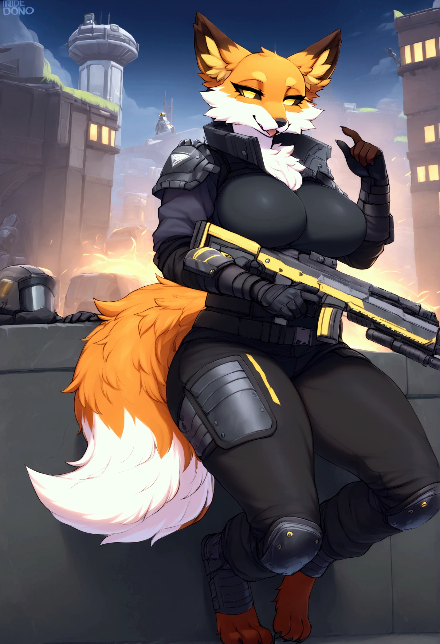 (top quality, best quality, Iriedono, High-quality illustrations, masterpiece, perfect artwork, cinematic light and shading, 16k, 1080p, uploaded on e621)(kemono, furry, anthro, alone), 1 larger female, (very detailed body, face, tail, arms, hands, legs, head and eyes), Helldiver, fox, Fennix, (Fortnite), big breasts, thick thighs, fur, fluffy, fox ears, fox fluffy tail, perfect eyes, yellow eyes, black pupils, beautiful Helldiver outfit, beautiful Helldiver armor, night city, body movement, body twitching, jiggle physics,