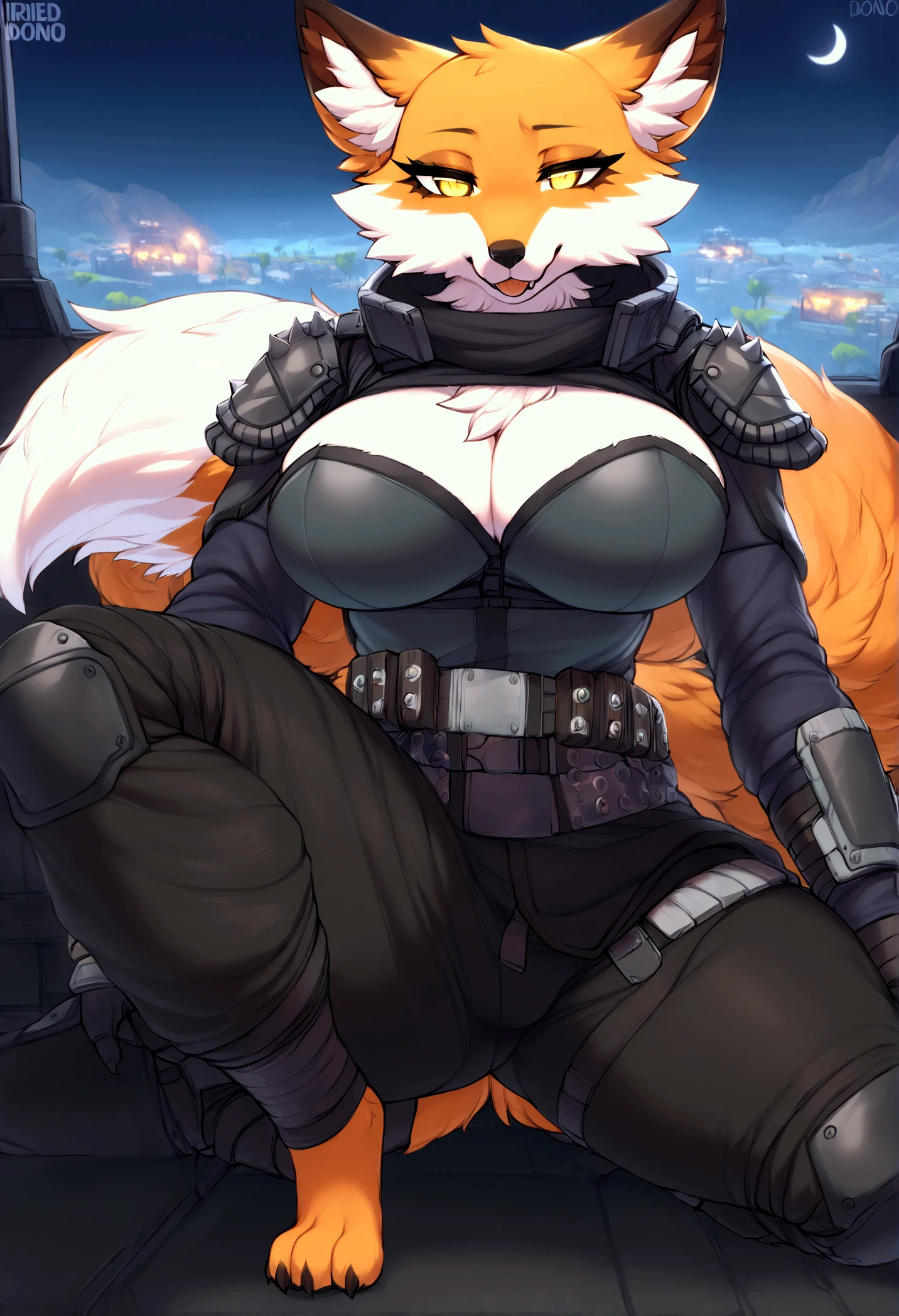 (top quality, best quality, Iriedono, High-quality illustrations, masterpiece, perfect artwork, cinematic light and shading, 16k, 1080p, uploaded on e621)(kemono, furry, anthro, alone), 1 larger female, (very detailed body, face, tail, arms, hands, legs, head and eyes), Helldiver, fox, Fennix, (Fortnite), big breasts, thick thighs, fur, fluffy, fox ears, fox fluffy tail, perfect eyes, yellow eyes, black pupils, beautiful Helldiver outfit, beautiful Helldiver armor, night city, body movement, body twitching, jiggle physics,