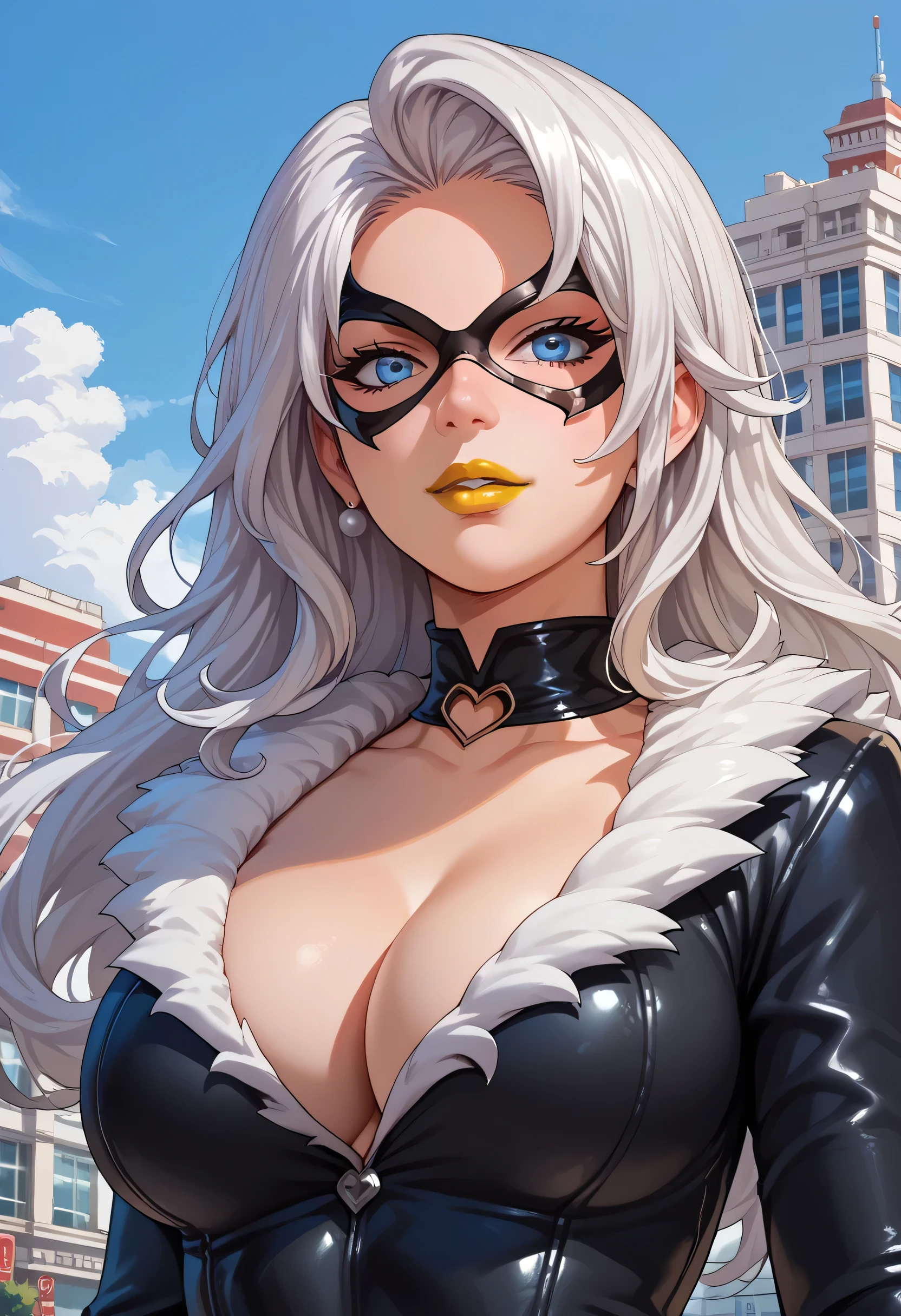 woman, white hair, white skin, big breasts, anime style, yellow lipstick, long hair, blue eyes, mask, top of building, Black Cat