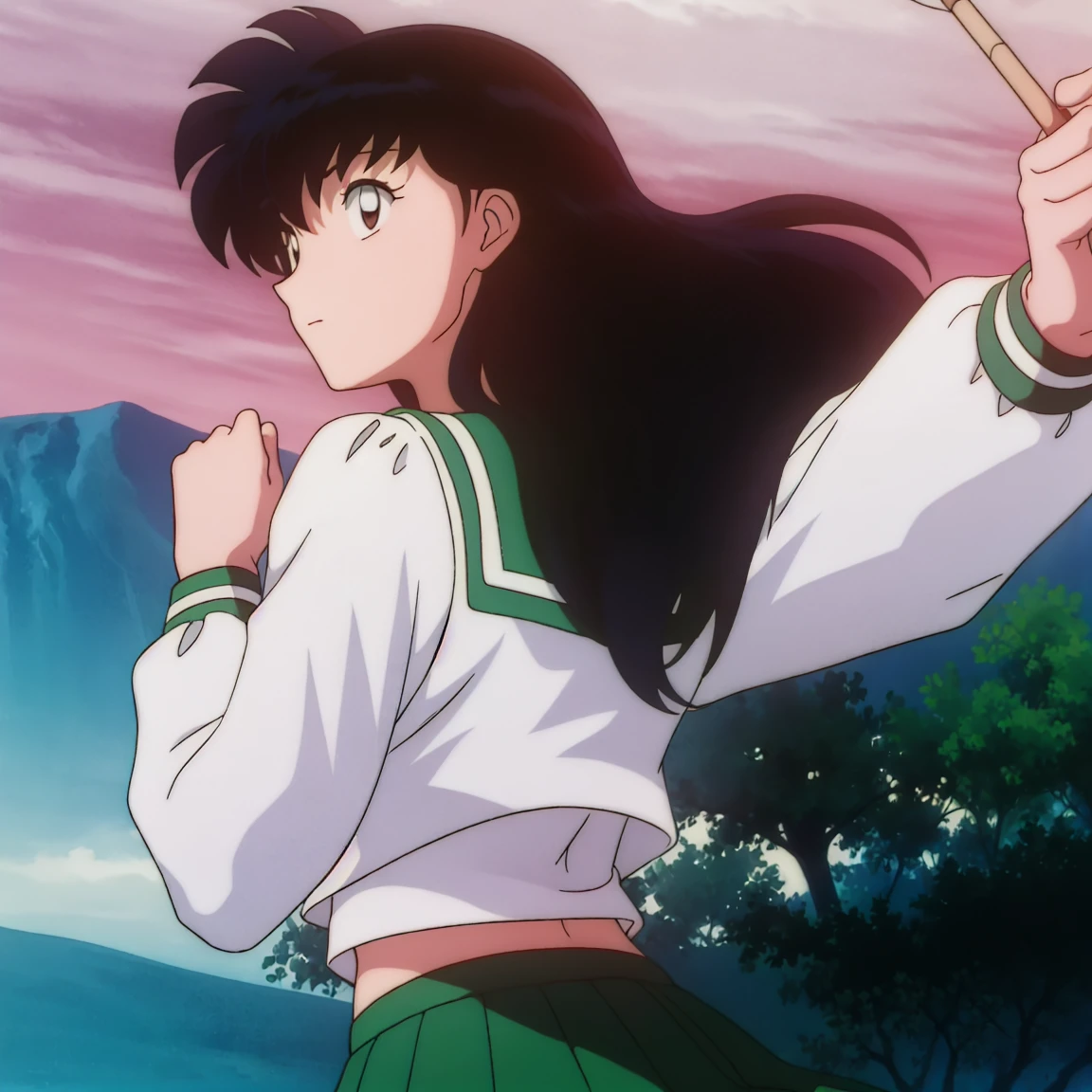 1girl, solo, outdoors, long hair, brown eyes, school uniform,(Masterpiece: 1.6, Best Quality), (Fine Beautiful Eyes: 1.2), (best quality, masterpiece, higher), green school uniform, soft thighs , long sleeves, white socks, scenery , Best Quality, ((anime)) ((Colored)) HD, Kagome Higurashi ,school uniforms, Standing, Green skirt, Red scarf, long hair, Black hair between the eyes, Thighs are soft, school background , black hair, skirt ,standing, green skirt, serafuku, belly button, midriff, belly dancing, swaying hips,