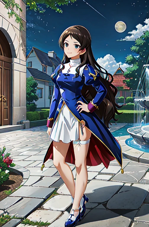 Priest RO,  Long Sleeve ,  pantyhose, 太ももまで丈のshoes下,  garter belt, shoes,  long dress ,  puffy sleeve ,  turtleneck,
 necklace, cross  necklace,
,  long hair, 
 is standing,  place hands on hips,
 Watch Viewers ,  happy , smile,
 outdoor, Brick floor, FOUNTAIN, stone castle background, garden, town,  blue sky,  moon, cloud,