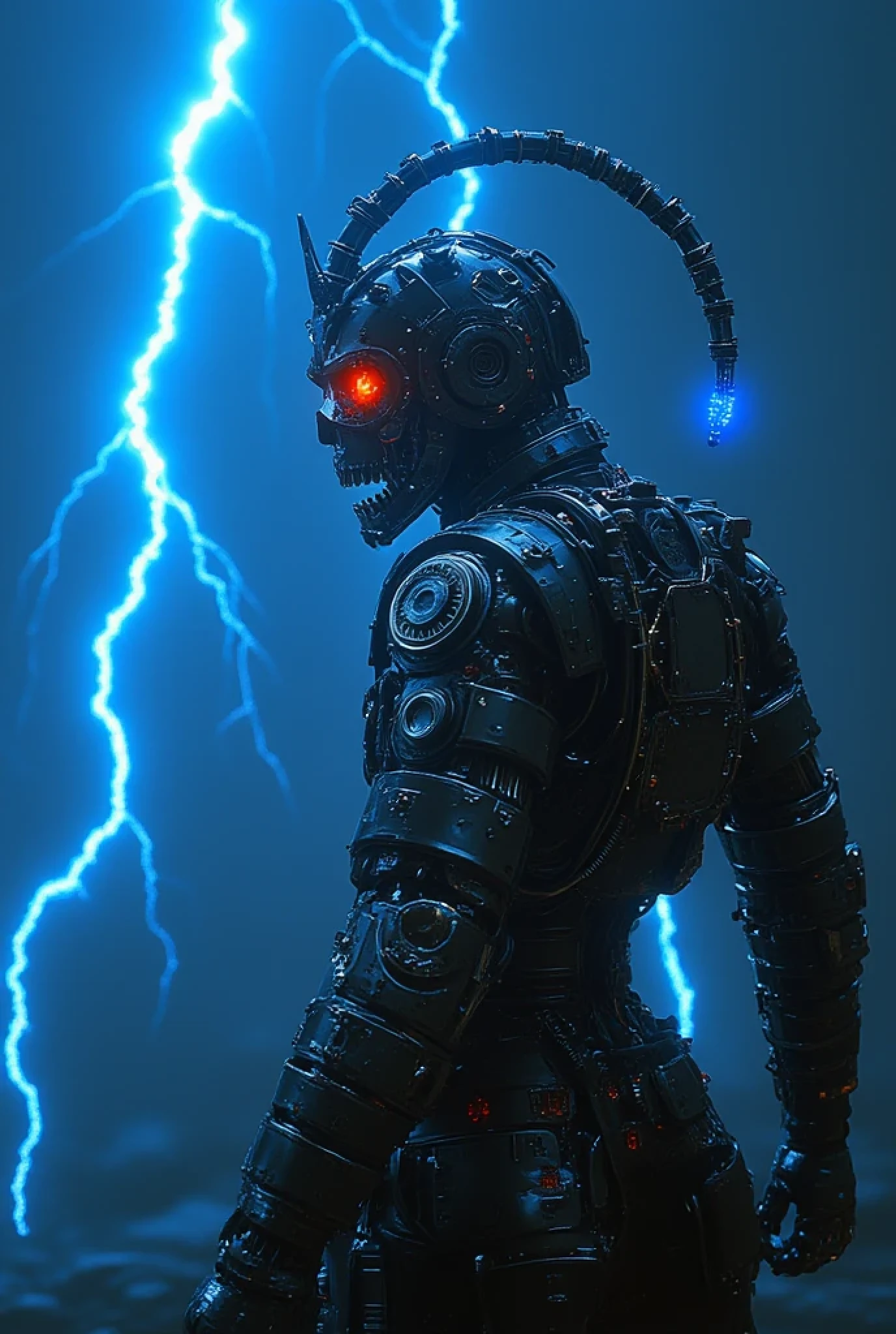 The future of 2050、 warriors who combine samurai and terminator are ready for battle 、 electric blue with a full body shot 、 Metal skull 、 eye glows red 、 thunderclouds entering thunderclouds helmets and armor that enter {x} contain cyber elements、 There is a relatively small amount of material left 、 face with exposed wiring 、 Cybermetal City 、Armor、High sense、 wiring to weapons in a short 、From artificial muscles 、phantom、 Aggressive Poses 、 game world、Dark hero、