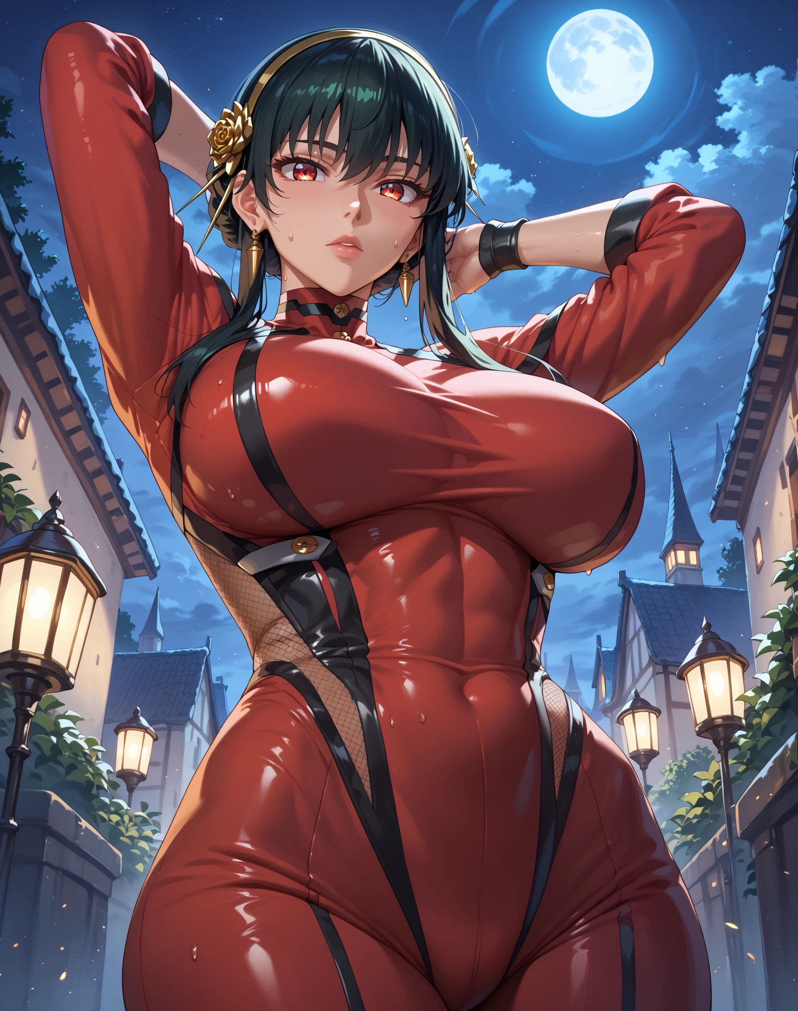 interruption source _Anime, viewers sweat a lot, 1 girl, large breasts, (taimanin suit), (two breast), beautiful detailed eyes, Yor briar, arm behind head, night, moon,