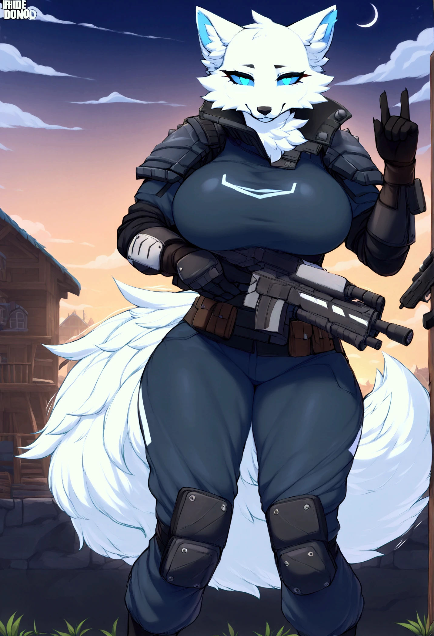 (top quality, best quality, Iriedono, High-quality illustrations, masterpiece, perfect artwork, cinematic light and shading, 16k, 1080p, uploaded on e621)(kemono, furry, anthro, alone), 1 larger female, (very detailed body, face, tail, arms, hands, legs, head and eyes), Helldiver, arctic white fox, Volpez, (Fortnite), big breasts, thick thighs, white fur, fluffy, white fox ears, white fox fluffy tail, perfect eyes, blue sclera eyes, beautiful Helldiver outfit, beautiful Helldiver armor, beautiful night village, body movement, body twitching, jiggle physics,