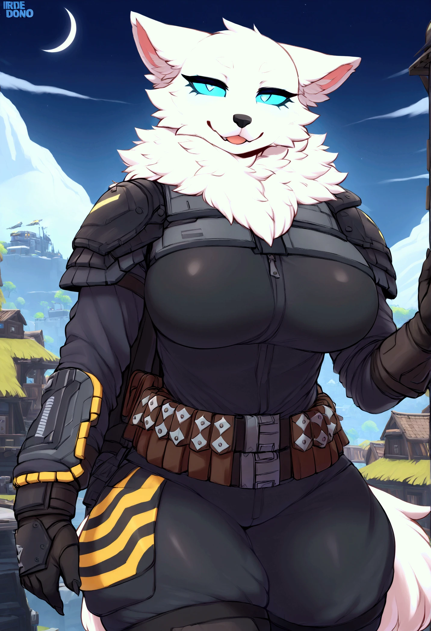 (top quality, best quality, Iriedono, High-quality illustrations, masterpiece, perfect artwork, cinematic light and shading, 16k, 1080p, uploaded on e621)(kemono, furry, anthro, alone), 1 larger female, (very detailed body, face, tail, arms, hands, legs, head and eyes), Helldiver, arctic white fox, Volpez, (Fortnite), big breasts, thick thighs, white fur, fluffy, white fox ears, white fox fluffy tail, perfect eyes, blue sclera eyes, beautiful Helldiver outfit, beautiful Helldiver armor, beautiful night village, body movement, body twitching, jiggle physics,