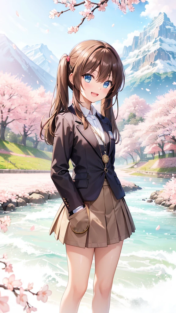 very beautiful teenage girl,(16k, super high resolution , top quality,masterpiece, super detailed, Highly Detailed Facial Features,  perfect face,  Perfect Eyes , anatomically correct body), Straight hair& high twintail,blue eyes, hair between eyes, ((light brown hair:1.3)), school uniform, white shirt,break,red pleated skirt,break,black blazer, Tree Eyes,((:d:1.3)),((cherryblossom tree:1.3)),((mountain & small river at the back of the screen:1.3)),front shot, looking at camera,standing on stone bridge,looking up, lots of small birds flying in the sky,((Pocket watch:1.3))