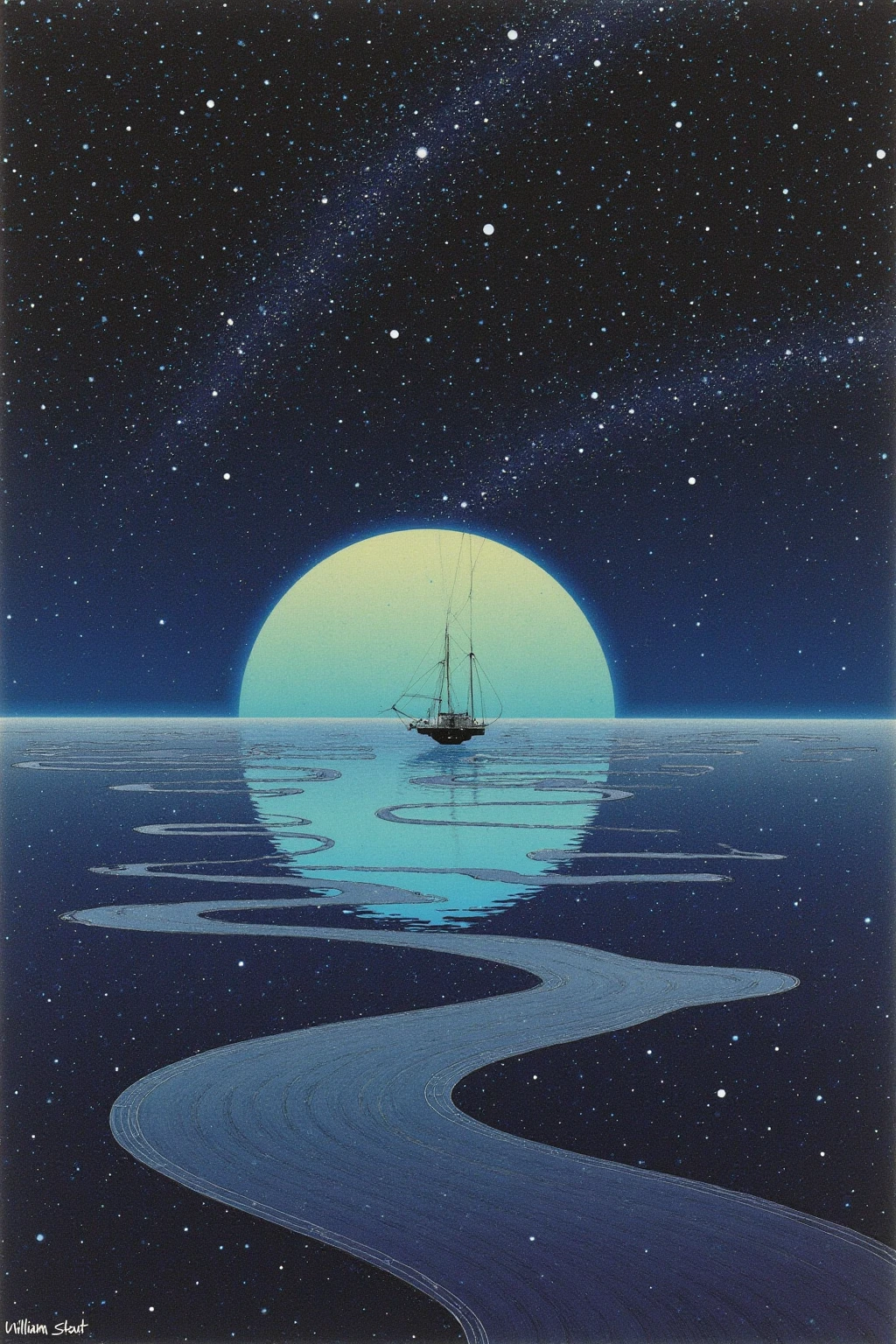 Crossing the Ocean of Space full color photograph of a small round space station, 「No replies 」,Crossing the Ocean of Space ,   Space horror illustration , full color illustration, Solitude in the universe, William Stout  ,  The station looks into space , Gazing into space, Milky Way、Earth