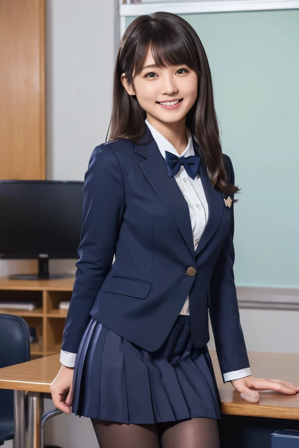 highest image quality taken by Ki、HDR、(( navy blue jacket ))、((Long tight skirt that hides the knee in plain navy blue ))、White blouse、((navy blue plain large bow tie))、((( black pantyhose)))、(( black loafers))、((Standing figure up to the knee ))、 cute high school girl with long hair and tentacles、Height: 160cm、 smile like an idol、 smiling and smiling、 professional writing、((Sitting on a desk in a high school classroom))、(( highest image quality taken by Ki)),((Beautiful double eyelids ))、( long lashes)、((( The blazer and skirt are the same dark blue color and the material is the same)))、(( dark brown shiny hair ))、((Model Face Change ))、(( Ribbon Design Change))、((No handkerchief))、 very short hair、G-Cup、(( best smile ))、As cute as a popular idol、((The jacket and skirt are the same color))、(( front angle )), ((RIHO YOSHIOKA))