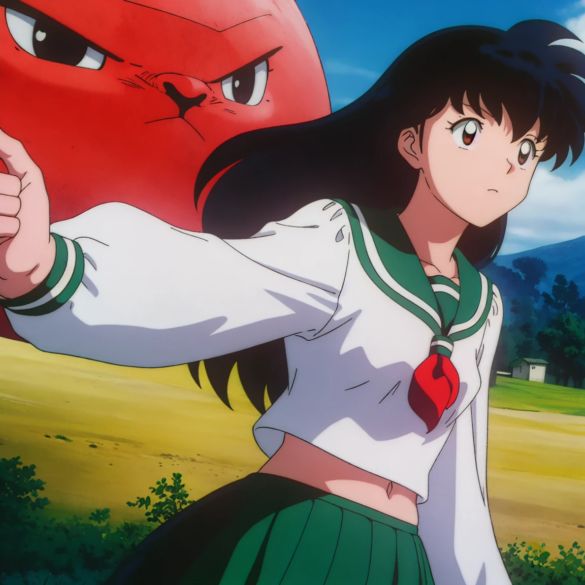 1girl, solo, outdoors, long hair, brown eyes, school uniform,(Masterpiece: 1.6, Best Quality), (Fine Beautiful Eyes: 1.2), (best quality, masterpiece, higher), green school uniform, soft thighs , long sleeves, white socks, scenery , Best Quality, ((anime)) ((Colored)) HD, Kagome Higurashi ,school uniforms, Standing, Green skirt, Red scarf, long hair, Black hair between the eyes, Thighs are soft, school background , black hair, skirt ,standing, green skirt, serafuku, belly button, midriff, belly dancing, swaying hips, 