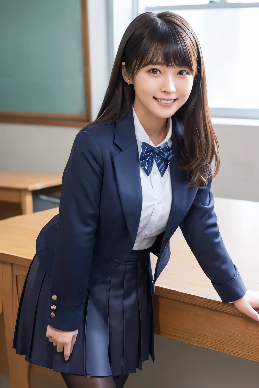  highest image quality taken by Ki、HDR、(( navy blue jacket ))、((Long tight skirt that hides the knee in plain navy blue ))、White blouse、((navy blue plain large bow tie))、((( black pantyhose)))、(( black loafers))、((Standing figure up to the knee ))、 cute high school girl with long hair and tentacles、Height: 160cm、 smile like an idol、 smiling and smiling、 professional writing、((Sitting on a desk in a high school classroom))、(( highest image quality taken by Ki)),((Beautiful double eyelids ))、（ long lashes）、((( The blazer and skirt are the same dark blue color and the material is the same)))、(( dark brown shiny hair ))、((Model Face Change ))、(( Ribbon Design Change))、((No handkerchief))、 very short hair、G-Cup、(( best smile ))、As cute as a popular idol、((The jacket and skirt are the same color))、(( front angle )), ((RIHO YOSHIOKA))