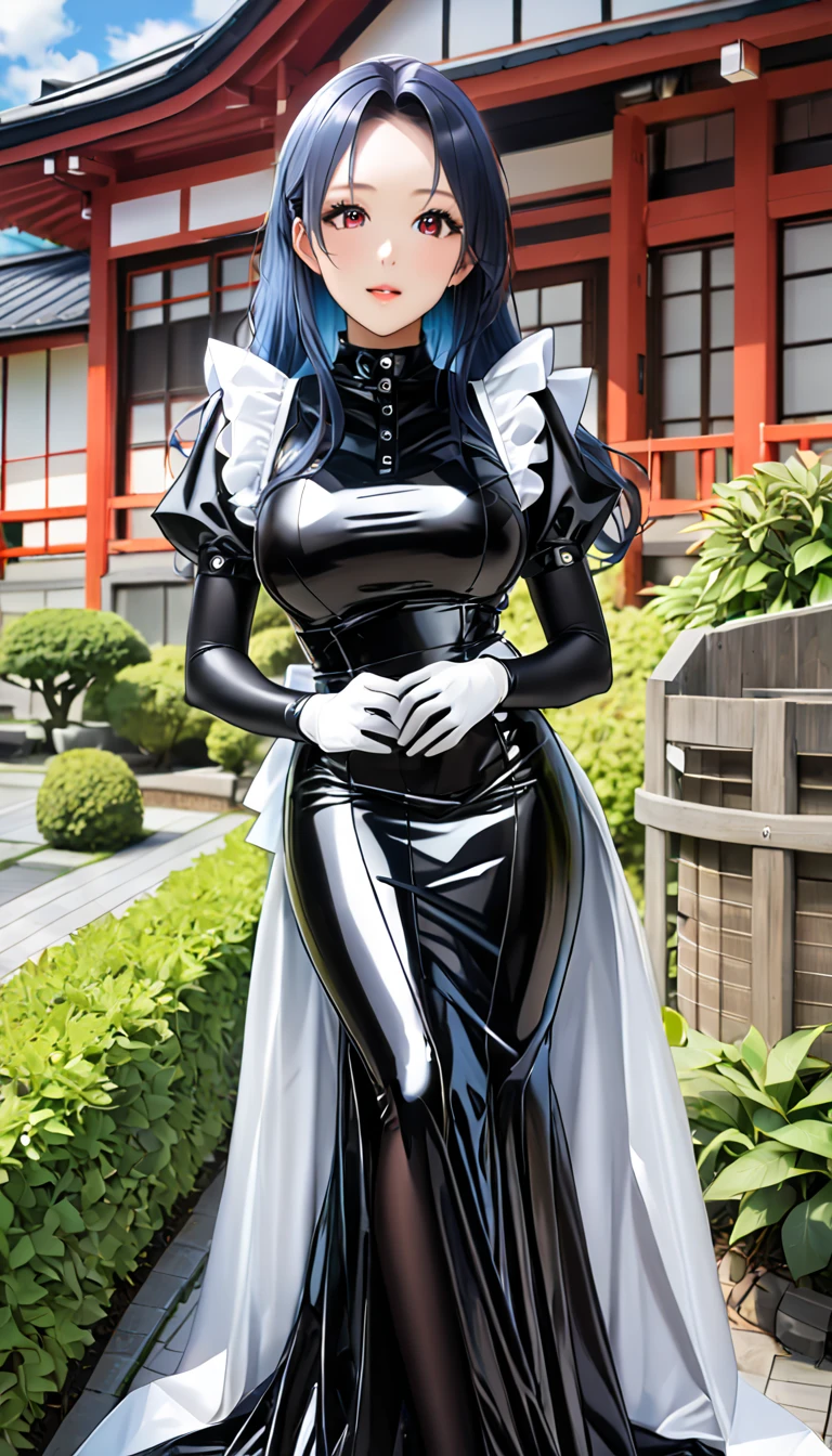 ２５ young Japanese woman、( beautiful faces)、(Black latex maid outfit)、 I'm wearing a black latex long skirt、 black latex long sleeve shirt 、Black latex gloves、 black latex tights 、white waist-length apron 、  latex is very shiny  、 outdoor, very long hair,  Blue Hair,  ,   brown eyes,  red eyes,  Big Breasts