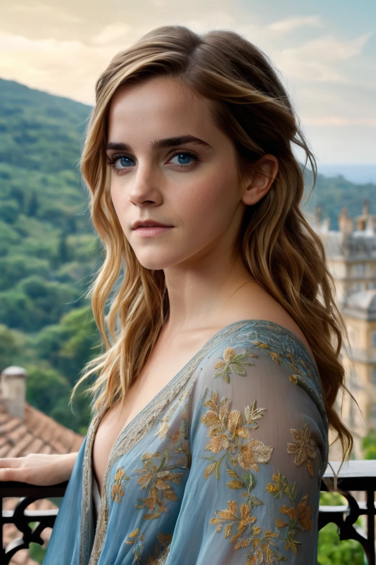  A dimmed photo of Emma Watson , A Bohemian Woman  ,  with blue eyes and long dark blonde hair . She is standing on a terrace or balcony .  Is Totally Naked.  The background is serene ,  with nature and architecture in full view .