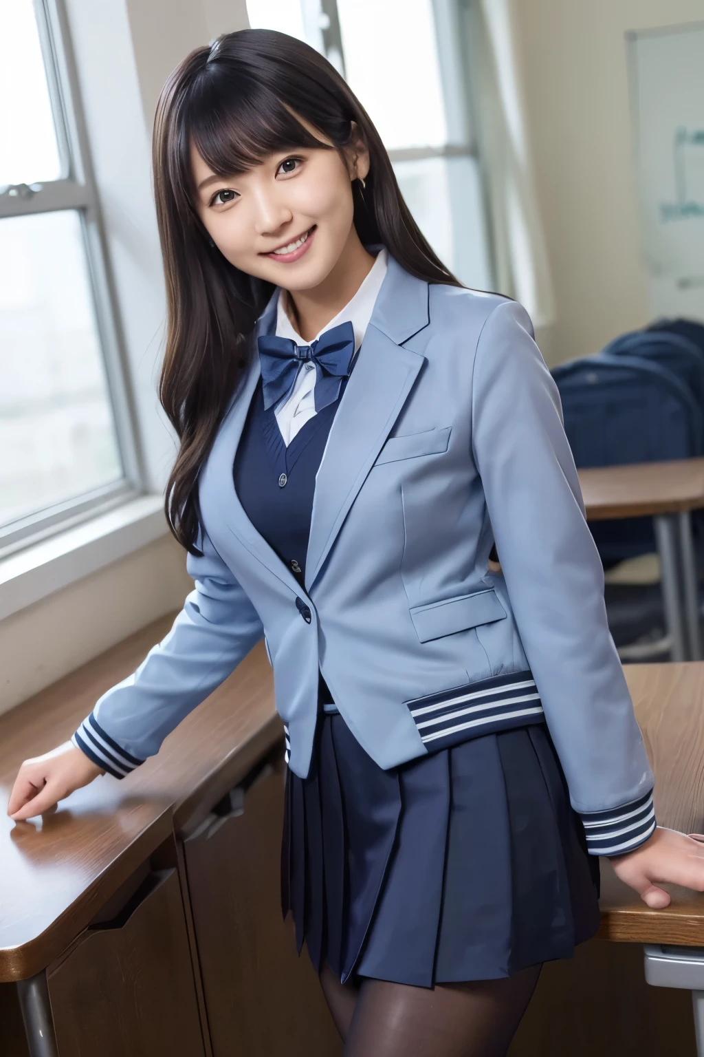 highest image quality taken by Ki、HDR、(( navy blue jacket ))、((Long tight skirt that hides the knee in plain navy blue ))、White blouse、((navy blue plain large bow tie))、((( black pantyhose)))、(( black loafers))、((Standing figure up to the knee ))、 cute high school girl with long hair and tentacles、Height: 160cm、 smile like an idol、 smiling and smiling、 professional writing、((Sitting on a desk in a high school classroom))、(( highest image quality taken by Ki)),((Beautiful double eyelids ))、( long lashes)、((( The blazer and skirt are the same dark blue color and the material is the same)))、(( dark brown shiny hair ))、((Model Face Change ))、(( Ribbon Design Change))、((No handkerchief))、 very short hair、G-Cup、(( best smile ))、As cute as a popular idol、((The jacket and skirt are the same color))、(( front angle )), ((RIHO YOSHIOKA))