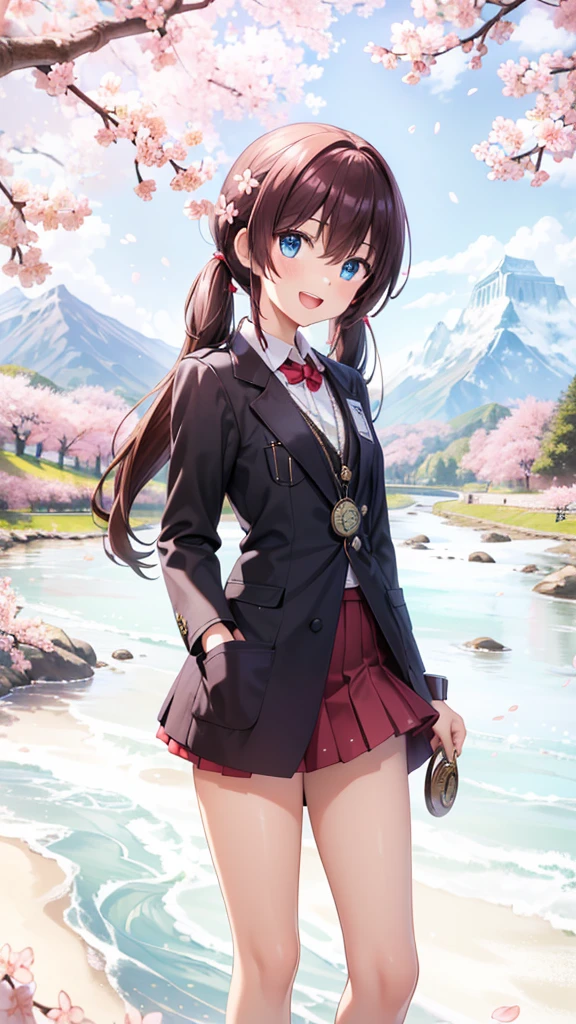 very beautiful teenage girl,(16k, super high resolution , top quality,masterpiece, super detailed, Highly Detailed Facial Features,  perfect face,  Perfect Eyes , anatomically correct body), Straight hair& high twintail,blue eyes, hair between eyes, light brown hair, school uniform, white shirt,break,red pleated skirt,break,black blazer,black stockings, Tree Eyes,((:d:1.3)),((cherryblossom tree:1.3)),((mountain & small river at the back of the screen:1.3)),front shot, looking at camera,standing on stone bridge,looking up, lots of small birds flying in the sky,((Pocket watch:1.3))