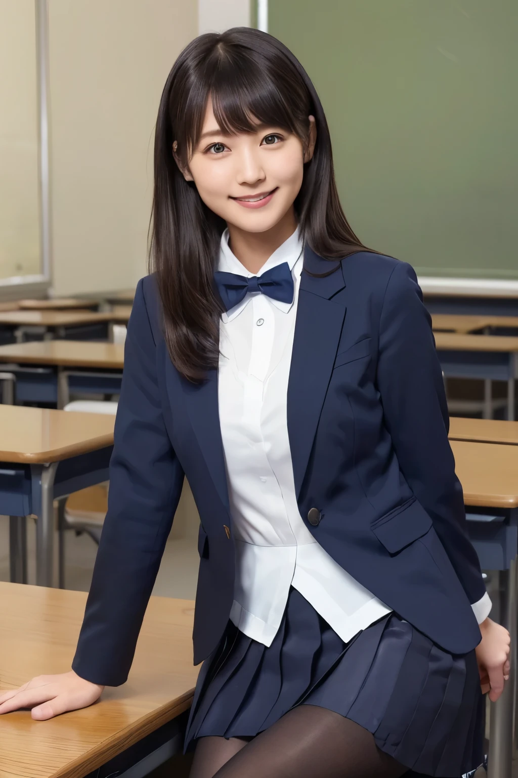 highest image quality taken by Ki、HDR、(( navy blue jacket ))、((Long tight skirt that hides the knee in plain navy blue ))、White blouse、((navy blue plain large bow tie))、((( black pantyhose)))、(( black loafers))、((Standing figure up to the knee ))、 cute high school girl with long hair and tentacles、Height: 160cm、 smile like an idol、 smiling and smiling、 professional writing、((Sitting on a desk in a high school classroom))、(( highest image quality taken by Ki)),((Beautiful double eyelids ))、( long lashes)、((( The blazer and skirt are the same dark blue color and the material is the same)))、(( dark brown shiny hair ))、((Model Face Change ))、(( Ribbon Design Change))、((No handkerchief))、 very short hair、G-Cup、(( best smile ))、As cute as a popular idol、((The jacket and skirt are the same color))、(( front angle )), ((RIHO YOSHIOKA))