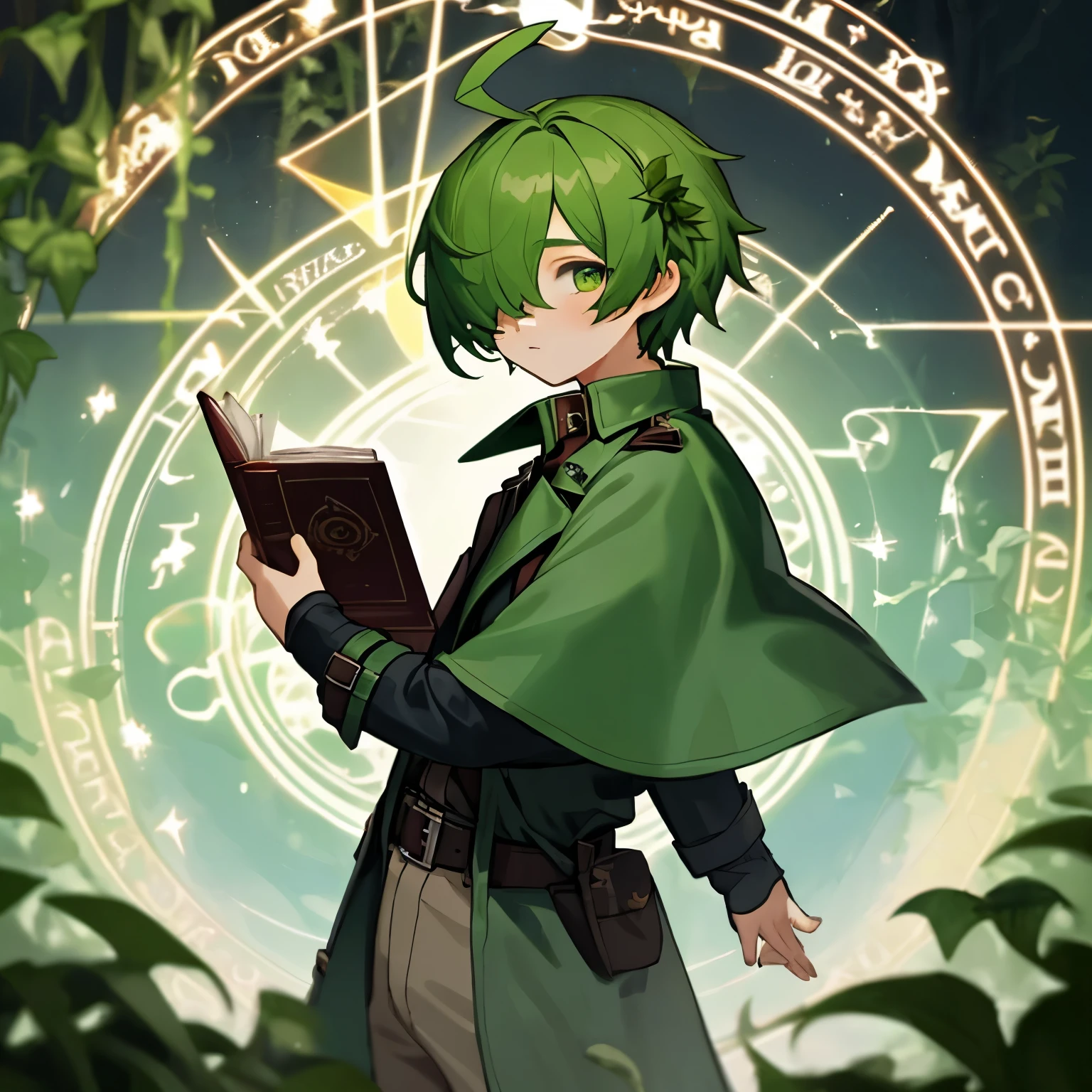 (boy), Dryad, green ivy hair, green eyes, short cut, side part, ahoge, hair over one eye, thin eyebrows, young, alone, short, Shota, pants, trench coat, long boots, plant hair accessory, wide pants, harness, fingerless glove, belt, Solo, wizard, left hand with magic hand book, hurry potter, upper body, old magic circle effect, 
