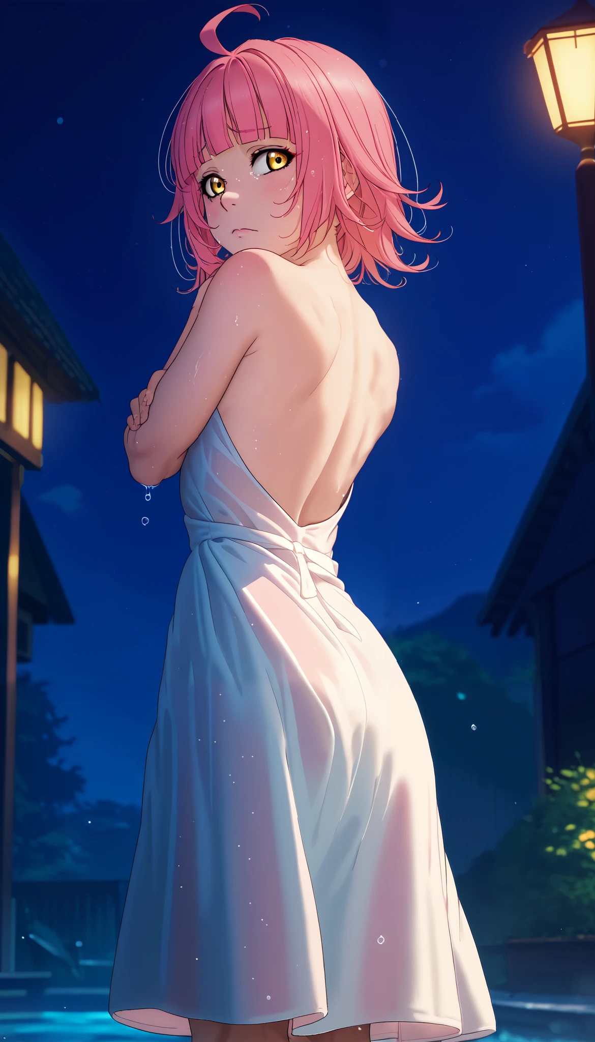 perfect lighting, perfect shadows, tennouji rina, pink hair, yellow eyes, ahoge, medium hair, blunt bangs, moist skin,RUKIA Style, back,shy , summer dress,night, looking back