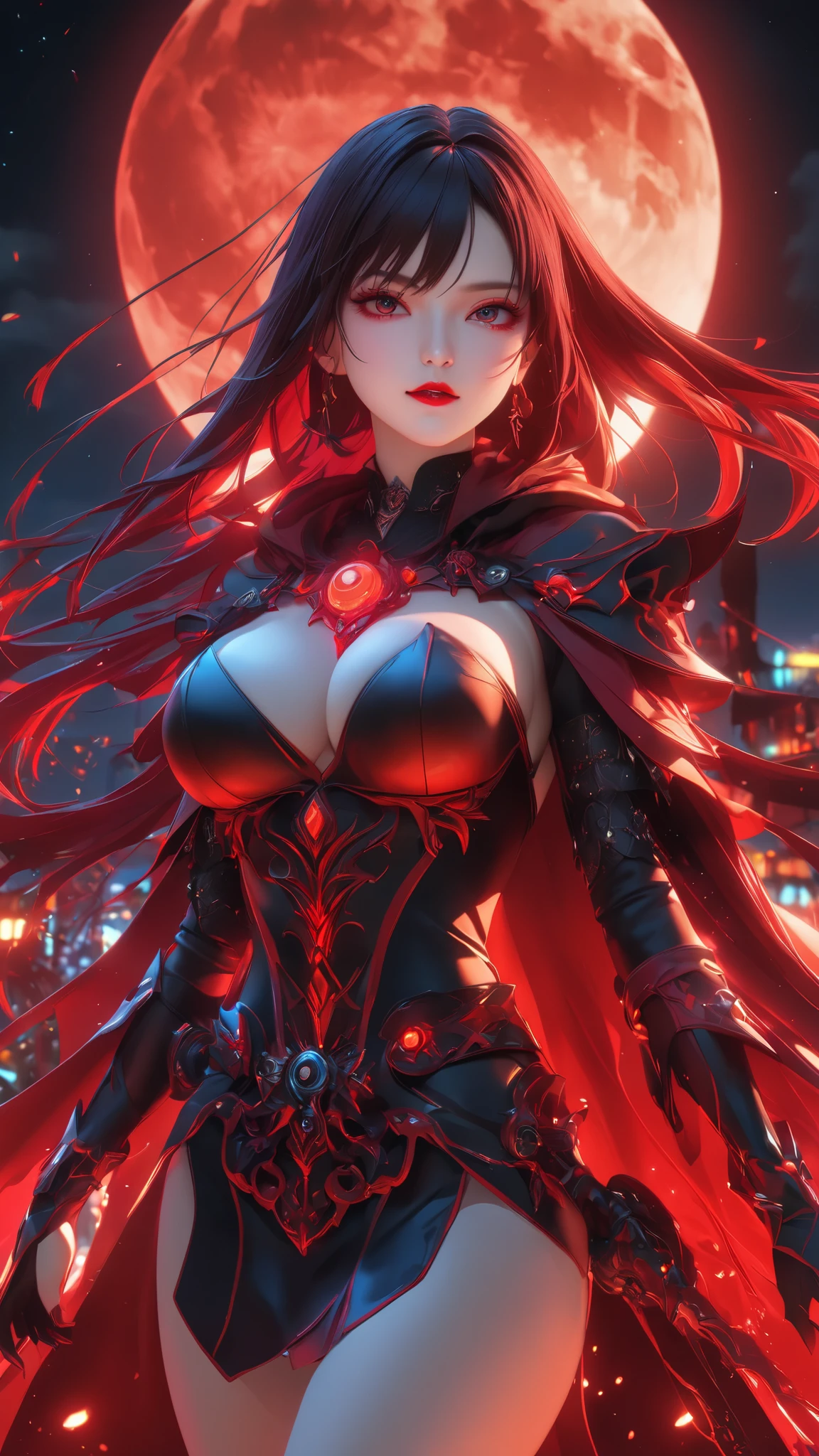 woman,Red Necromancer, Blood Moon, ray tracing, masterpiece, top quality, ultra quality, absurd detail, best Light, sharp, sharp image, ultimate, Details, extremely Details, high resolution, 16k, 超 high resolution, particle effect , Beautiful Effects, brightly colored , neon Light, neon, Light, close-up、Super big breasts、 realistic textured face and skin、 low angle、