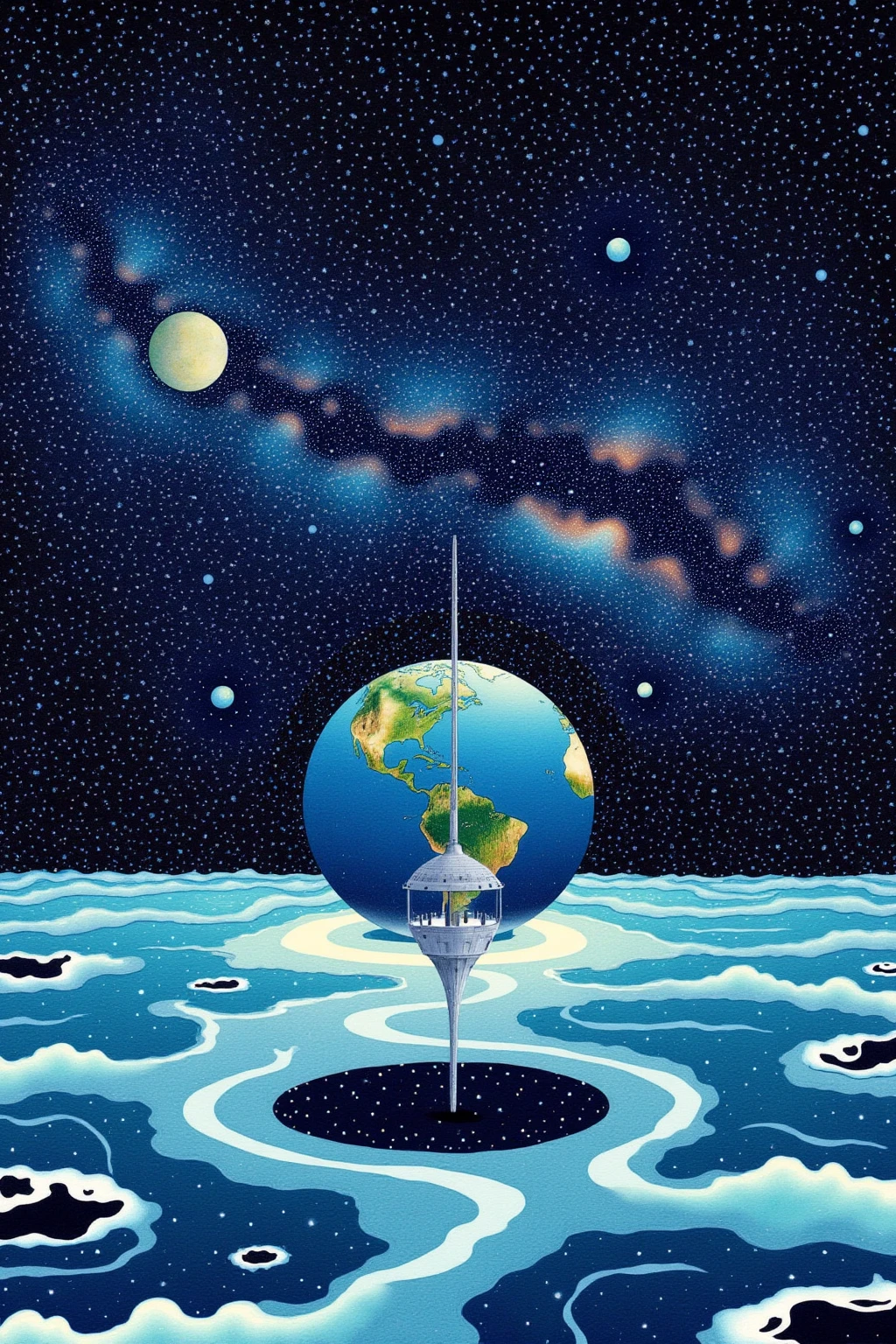 Crossing the Ocean of Space full color photograph of a small round space station, 「No replies 」,Crossing the Ocean of Space ,   Space horror illustration , full color illustration, Solitude in the universe, William Stout  ,  The station looks into space , Gazing into space, Milky Way、Earth