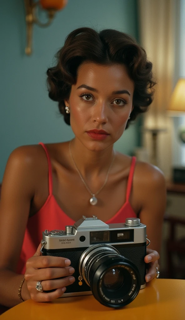 Technicolor style
In the 1950's a woman sitting at a table with a camera,1girl,looking at viewer,short hair,brown hair,brown eyes,jewelry,earrings,solo focus,indoors,dark skin,mole,blurry,dark-skinned female,lips,blurry background,smoke,cigarette,realistic,smoking , vivid color, cinematic look, film look, filmic, contrast, detailed, high quality, sharp image, film color, Kodak, Motion Picture, Film style, different color, vivid color, different people, different look, different style, 35MM Film, 16MM Film, Photographic film, artistic style, cinematic style, film granularity, film noise, image noise, artistic effect, Fujicolor, Fuji film, Analog photography, movie style, movie still, Film grain overlay, Film Grain style, Technicolor style