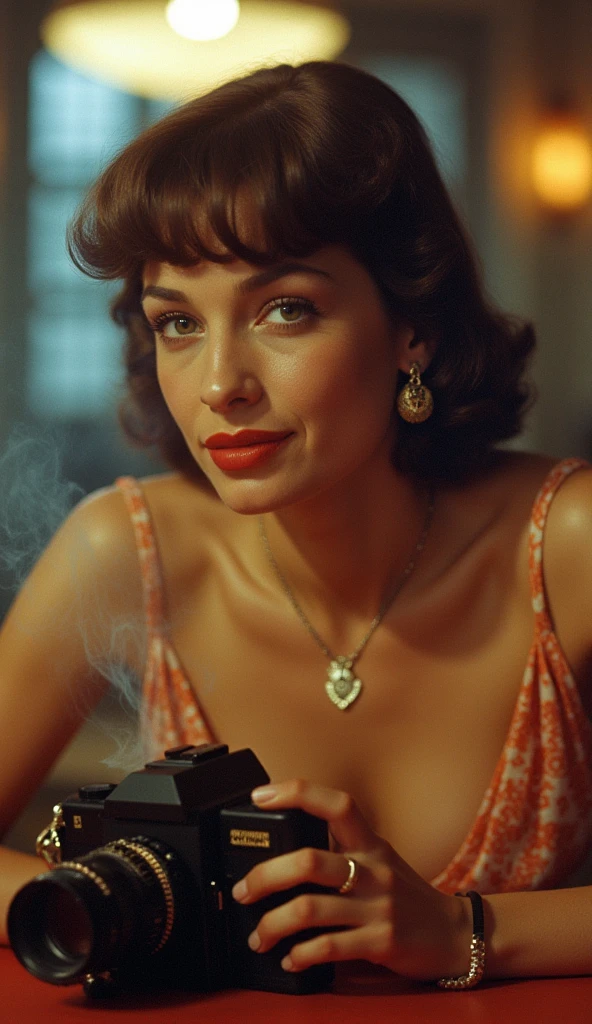 Technicolor style
In the 1950's a woman sitting at a table with a camera,1girl,looking at viewer,short hair,brown hair,brown eyes,jewelry,earrings,solo focus,indoors,dark skin,mole,blurry,dark-skinned female,lips,blurry background,smoke,cigarette,realistic,smoking , vivid color, cinematic look, film look, filmic, contrast, detailed, high quality, sharp image, film color, Kodak, Motion Picture, Film style, different color, vivid color, different people, different look, different style, 35MM Film, 16MM Film, Photographic film, artistic style, cinematic style, film granularity, film noise, image noise, artistic effect, Fujicolor, Fuji film, Analog photography, movie style, movie still, Film grain overlay, Film Grain style, Technicolor style