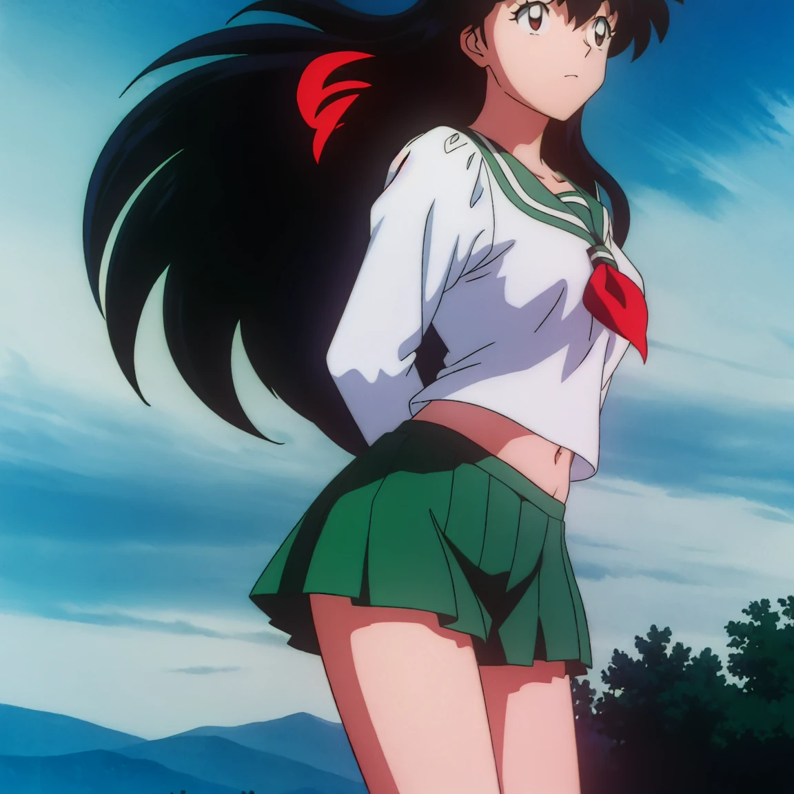 1girl, solo, outdoors, long hair, brown eyes, school uniform,(Masterpiece: 1.6, Best Quality), (Fine Beautiful Eyes: 1.2), (best quality, masterpiece, higher), green school uniform, soft thighs , long sleeves, white socks, scenery , Best Quality, ((anime)) ((Colored)) HD, Kagome Higurashi ,school uniforms, Standing, Green skirt, Red scarf, long hair, Black hair between the eyes, Thighs are soft, school background , black hair, skirt ,standing, green skirt, serafuku, belly button, midriff, belly dancing, swaying hips, 