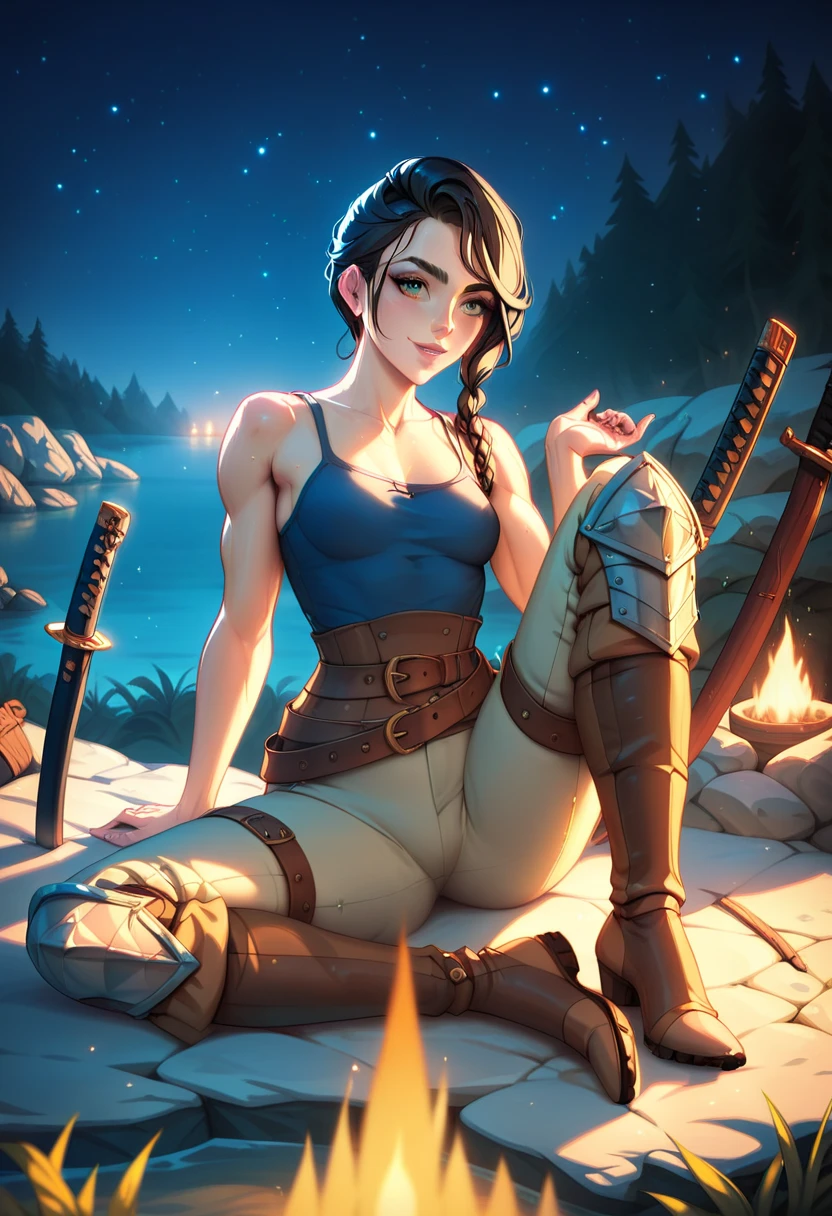 (solo, 1 fit girl, masterpiece, best quality, small breasts in fabric dark blue tank top, night medieval camp) An illustration of a young woman in a medieval setting. She is sitting on a rocky shore near the water, resting one hand on the ground while lightly touching her head with the other. The woman is slender with a well-defined fit build and super narrow wasp-waist (with small boobs). She has short black hair. Her eyes are grey, expressive, and have a grey hue. She is wearing a cool outfit (a form-fitting black sleeveless tank top and brown-white leather armor on her thighs with detailed metal boots). Next to her lies a katana with a simple yet elegant design, planted in the ground. The background consists of warm and cozy medieval war-camp with bonfire (night time, starry night sky, beautiful bonfire). The atmosphere is calm, with soft, diffused night lighting highlighting the details of her metallic armor pants and the textures of the forrest. Ensure the proportions of her body are realistic, and the pose conveys a dynamic yet relaxed feel