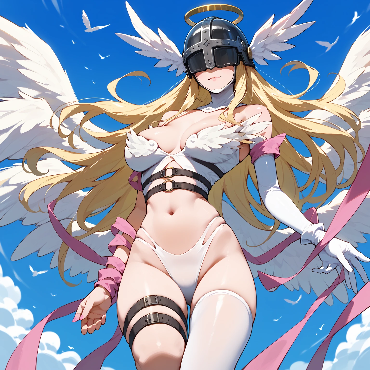 (( top quality))), (  Details), 8k,  One Girl ,  sexy , Soft and large breasts,  wide hips,  healthy body,  realistic, , sweated, Detailsな目,Zang Womon, blonde hair, covered eyes, helmet, long hair, Angel Wings, bare shoulders, elbow gloves, feathered wings, gloves, head wings, navel, pink ribbon, ribbon, single elbow glove, single glove, thigh strap,