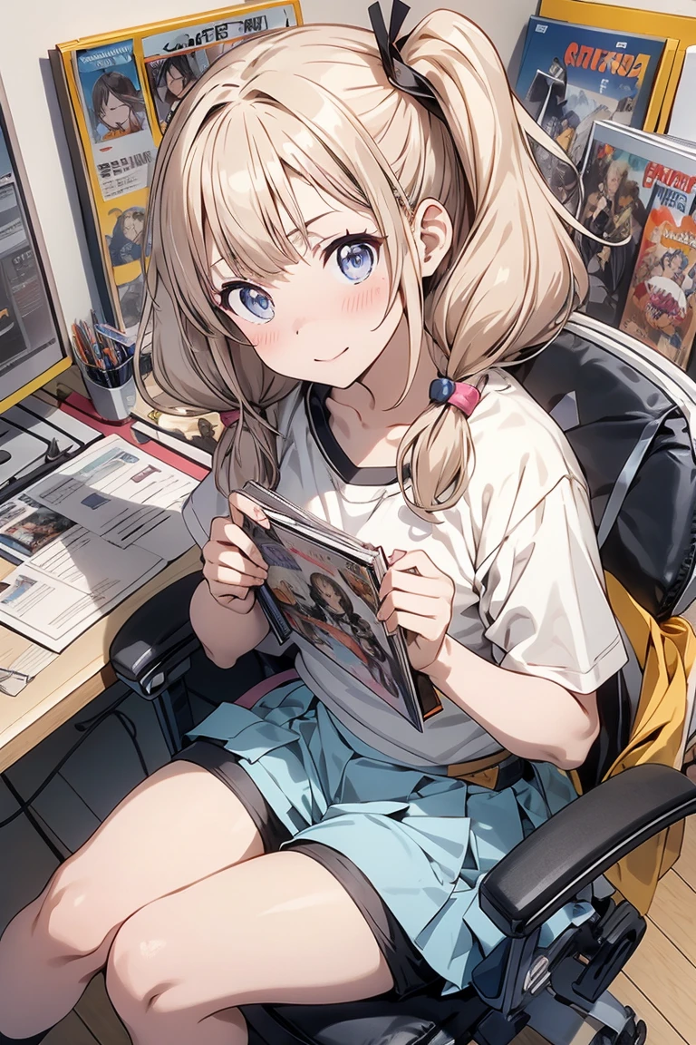 High quality, 8K Ultra HD,High resolution, 8K Ultra HD, school classroom. Art class. ((One girl)), ((Chibi-style)), A small elf girl is sitting on a chair and holding manga comic and showing it to me. ((draw manga)), ((sailor suits wear)), (((comics))),