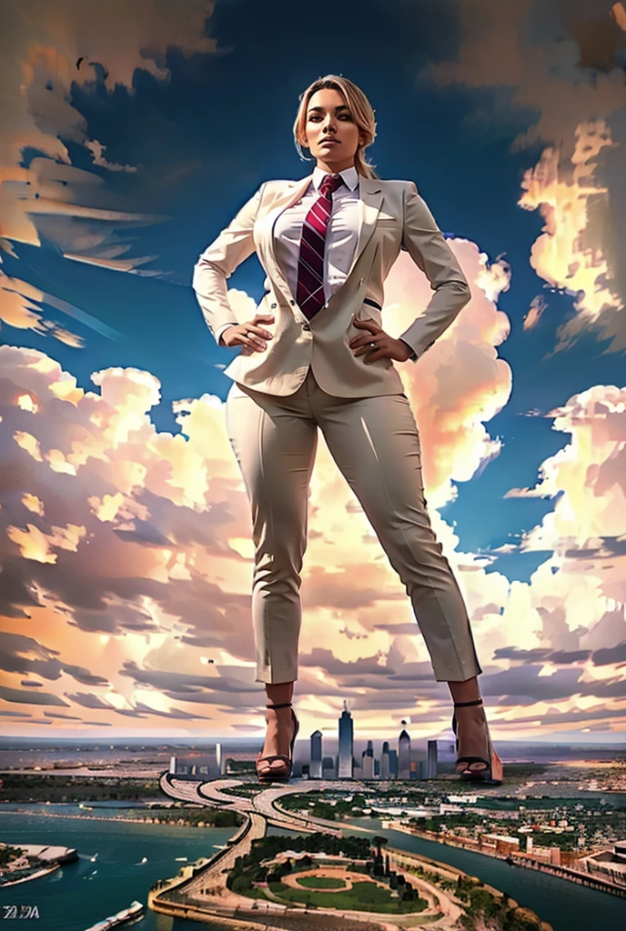 view of an approaching young tera giantess, Giantess art, 5000 miles tall giga giantess, young white sophisticated and stylish woman in a light grey italian office trouser suit, form fitting crisp office shirt, and a large wide striped red necktie in a large windsor knot, with a beautiful, curvaceous figure, large natural breasts, white blonde hair in a very long ponytail, with a curvaceous figure and massive breasts. wearing rounded court high heels with uncovered feet and standing, rampage-like pose, with a city skyscrapers background of mega-city, skyscapers, bright daylight, cloudy atmosphere. The image is a high-resolution, masterpiece-quality, cinematic, ultra-detailed, and hyper-photorealistic photograph, with perfect hands, face, and lighting. ultra-detailed, 8K, photo-realistic, hyper-realistic, masterpiece, intricate details, full body view. Looking pasted camera, The image is a high-resolution, masterpiece-quality, cinematic, ultra-detailed, and hyper-photorealistic photograph, with perfect hands, face, and lighting. ultra-detailed, 8K, photo-realistic, hyper-realistic, masterpiece, intricate details, from far down below