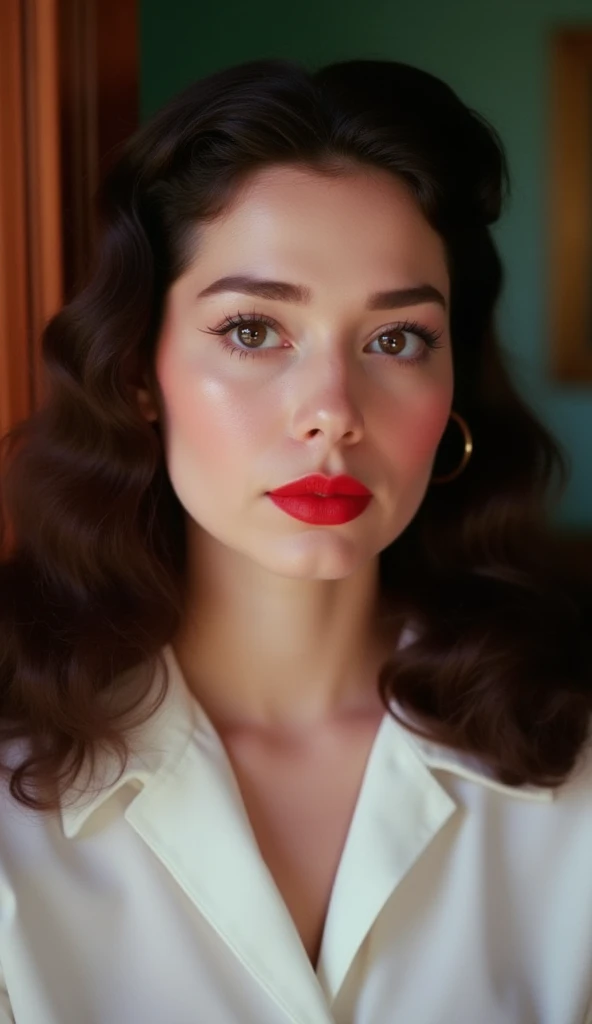 Technicolor style
In the 1950's a woman with a red lipstick and a white shirt,1girl,solo,long hair,brown hair,black hair,closed mouth,blurry,lips,makeup,lipstick,portrait,realistic,red lips , vivid color, cinematic look, film look, filmic, contrast, detailed, high quality, sharp image, film color, Kodak, Motion Picture, Film style, different color, vivid color, different people, different look, different style, 35MM Film, 16MM Film, Photographic film, artistic style, cinematic style, film granularity, film noise, image noise, artistic effect, Fujicolor, Fuji film, Analog photography, movie style, movie still, Film grain overlay, Film Grain style, Technicolor style