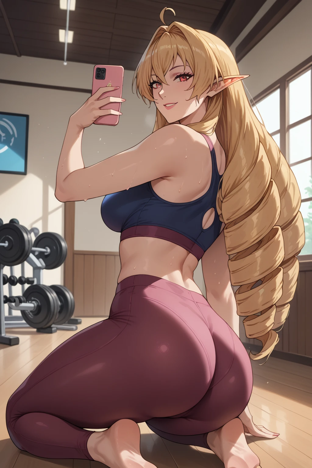 score_9, score_8_up, score_7_up, source_anime, elinalisedragonroad, 1girl, mature female, elinalise dragonroad, long hair, blonde hair, very long hair, ahoge, pointy ears, drill hair, red eyes, naughty smile, sexy suit, sports bra, yoga leggings, indoors, modeling pose, cellphone, taking selfie, sweating ,curvy figure, huge bubble ass, peachy ass, erotic scene, gorgeous woman,feet, camelote,