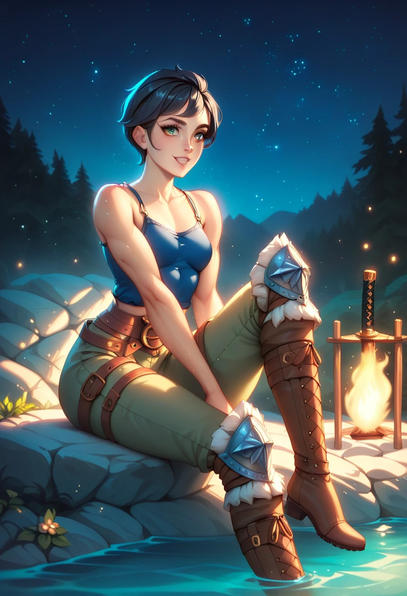 (solo, 1 fit girl, masterpiece, best quality, small breasts in fabric dark blue tank top, night medieval camp) An illustration of a young woman in a medieval setting. She is sitting on a rocky shore near the water, sitting in cool and relaxed pose. The woman is slender with a well-defined fit build and super narrow wasp-waist (with small boobs). She has short black hair. Her eyes are grey, expressive, and have a grey hue. She is wearing a cool outfit (a form-fitting black sleeveless tank top and brown-white leather armor on her thighs with detailed metal boots). Next to her lies a katana with a simple yet elegant design, planted in the ground. The background consists of warm and cozy medieval war-camp with bonfire (night time, starry night sky, beautiful bonfire). The atmosphere is calm, with soft, diffused night lighting highlighting the details of her metallic armor pants and the textures of the forrest. Ensure the proportions of her body are realistic, and the pose conveys a dynamic yet relaxed feel.