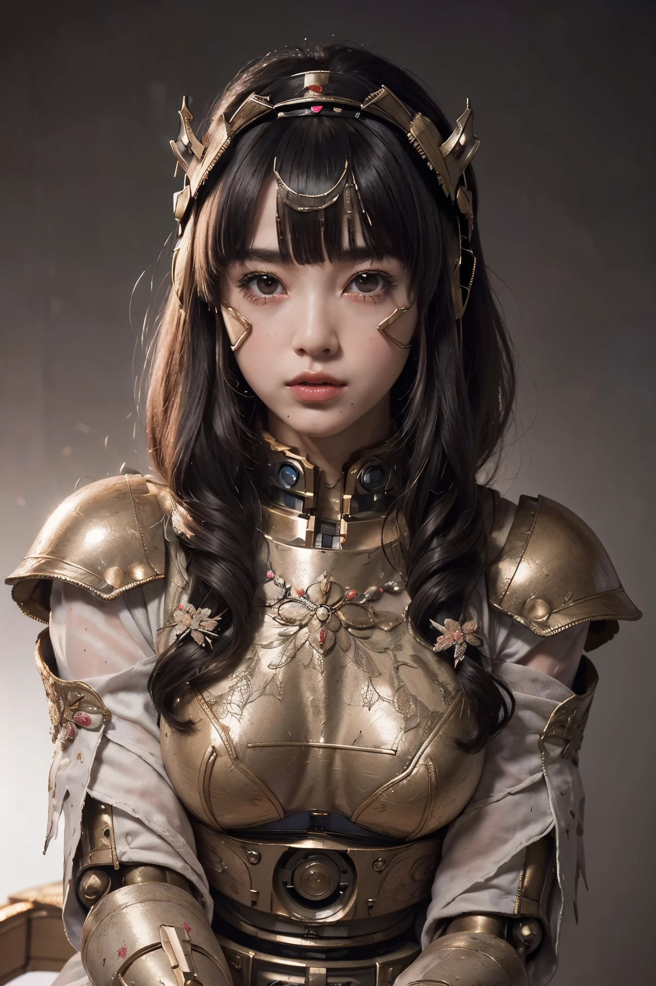 (masterpeace), ((super real photography: 1.5)), ((photo realistic: 1.3)), (real photo), 
young girl with a lot of flowers, ((A young girl robot: 1.5)),  (bust statue: 1.3), 
BREAK
headgear, ((real metalic skin)), ((beautiful face: 1.5)), ((Super cute: 1.5)), ((babyface: 1.5)), ((well-balanced face)), longeyelashes, stunning big eyes, luscious glossy lips, ((blunt bangs: 1.5)), (long hair), 
BREAK
(slender body: 1.3), petite bust, flower bloom, (flowers: 1.5),
BREAK
High-Mechanic body, octane rendering, Super Detailed machine, ((connected electric cables)), 
BREAK
(simple background: 1.3), ((bust shot: 1.3)), cinema quality, professional photograph, (photo studio: 1.5), (Bright Light: 1.2), Eye-Level Shot, wide lens, (fujifilm 35mm), (film photo), RAW, Excessive Embellishment, UHD, 
BREAK
anatomically correct, textured skin, best quality, 8k