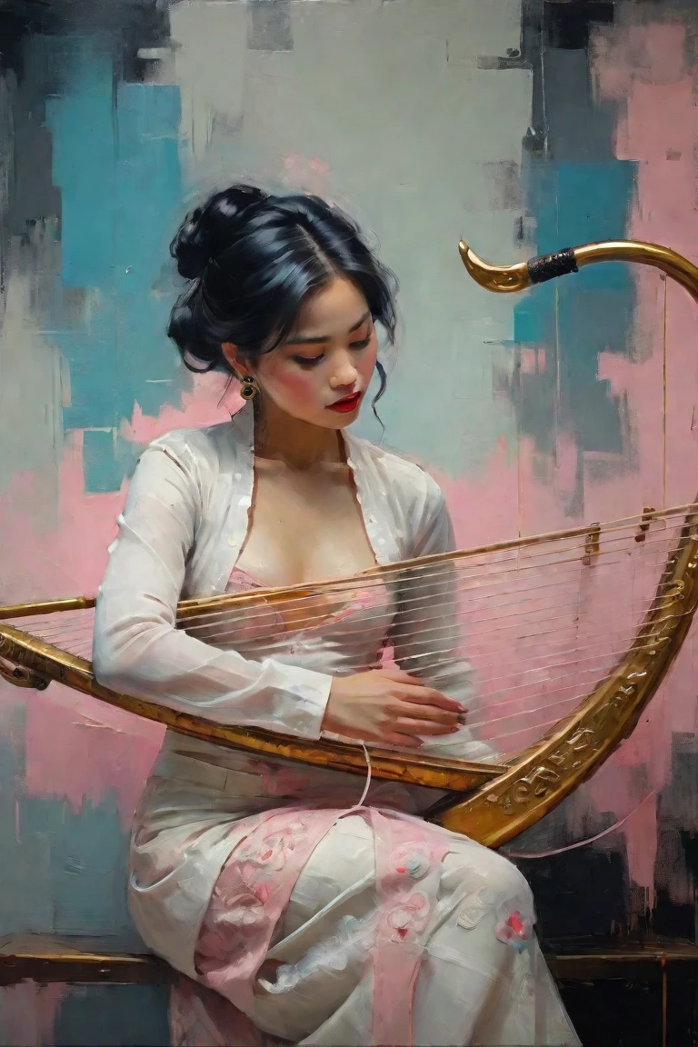 Create a contemporary portrait of a beautiful gracefully woman, Myanmar traditional long sleeve lace shirt and floral long skirt , playing the Traditional Burmese Harp: Gold earring with black sound hole and curved stem for attaching the string, in the
expressive and painterly style of Malcolm Liepke,
utilizing a palette of light pink, Red and black,
light grayish blue. The portrait should feature a
close-up of the subject's face with strong, dynamic
brushstrokes and a focus on capturing the depth and
texture characteristic of Liepke's work.Use light pink and bright
blue for the highlights and vibrant
areas,while employing muted blue, dark
grayish blue, and light
grayish blue to create shadows and
depth. Ensure the background
complements
the portrait with subtle variations of the
same color
palette, evoking a sense of modern
elegance and
emotional intensity