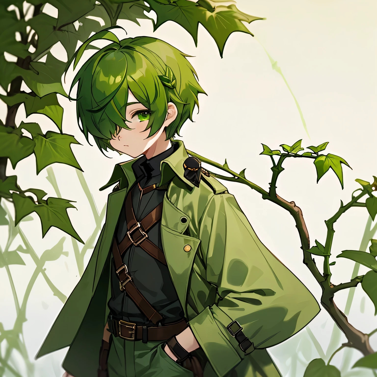 (boy), Dryad, green ivy hair, green eyes, short cut, side part, ahoge, hair over one eye, thin eyebrows, young, alone, short, Shota, pants, trench coat, long boots, plant hair accessory, wide pants, harness, fingerless glove, belt, Solo, with a left hand bow, upper body