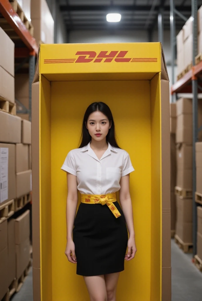 大きなDHLブランドの段ボール箱の中に立っている若い女性. マハライの制服を着ている,白い半袖シャツ,短い黒のペンシルスカート - SeaArt AI