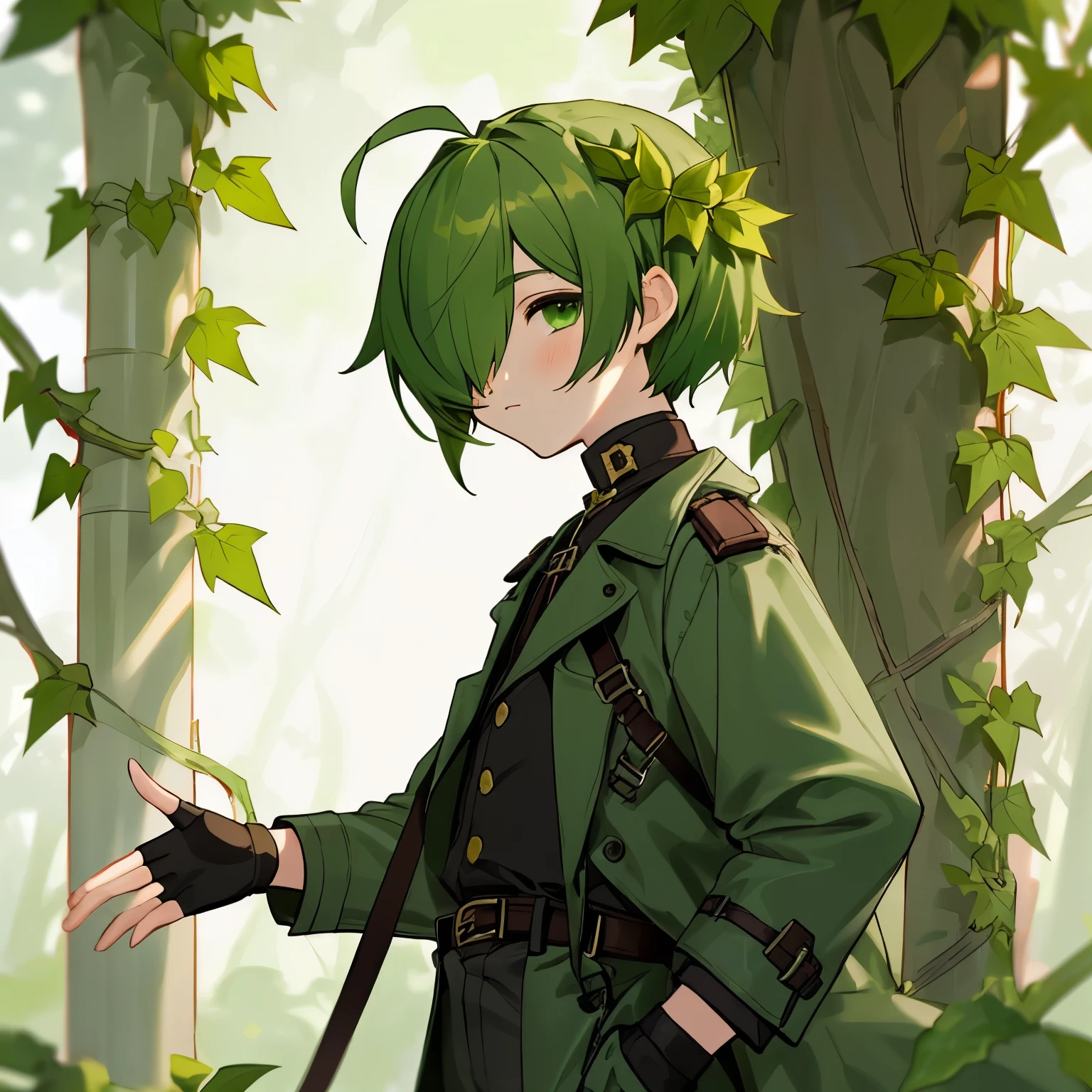 (boy), Dryad, green ivy hair, green eyes, short cut, side part, ahoge, hair over one eye, thin eyebrows, young, alone, short, Shota, pants, trench coat, long boots, plant hair accessory, wide pants, harness, fingerless glove, belt, Solo, with a left hand bow, upper body