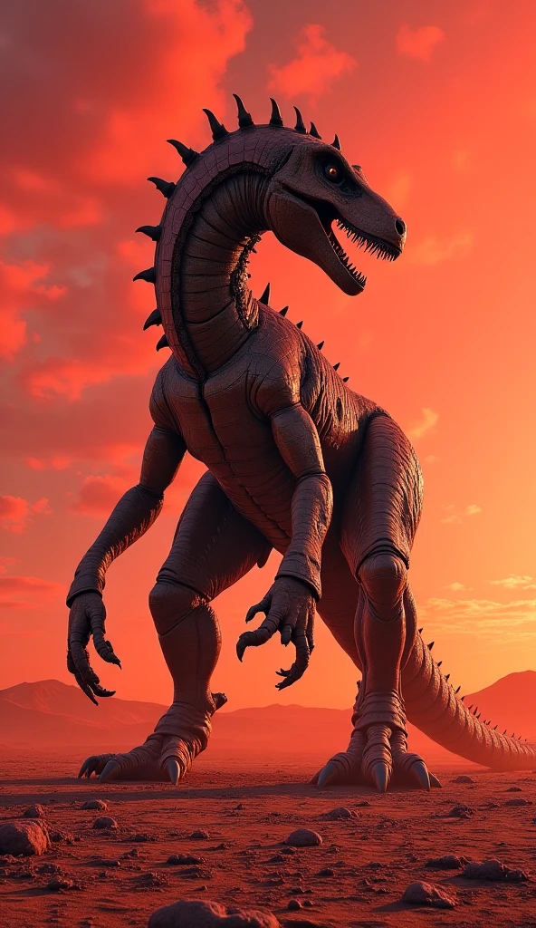 "A towering hybrid of a dinosaur and a scorpion, with a dinosaur's muscular body and head, combined with a scorpion's armored tail and pincers. The creature stands in the middle of a vast desert under a blood-red sky, its shadow stretching across the cracked earth. Each scale and segment of its armor glistens in the fading light, rendered in stunning 4K resolution."