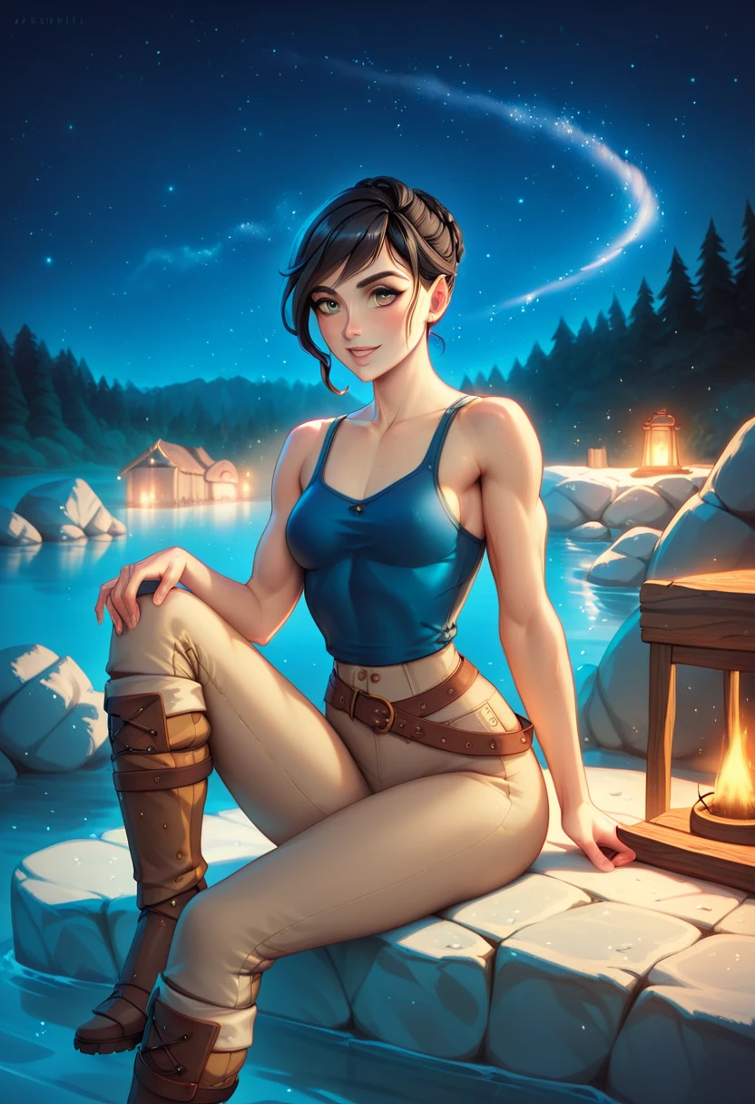 (solo, 1 fit girl, masterpiece, best quality, small breasts in fabric dark blue tank top, night medieval camp) An illustration of a young woman in a medieval setting. She is sitting on a rocky shore near the water, sitting in cool and relaxed pose. The woman is slender with a well-defined fit build and super narrow wasp-waist (with long legs, with super narrow waist,with small boobs). She has short black hair. Her eyes are grey, expressive, and have a grey hue. She is wearing a cool outfit (a form-fitting black sleeveless tank top and brown-white leather armor on her thighs with detailed metal boots). Next to her lies a katana with a simple yet elegant design, planted in the ground. The background consists of warm and cozy medieval war-camp with bonfire (night time, starry night sky, beautiful bonfire). The atmosphere is calm, with soft, diffused night lighting highlighting the details of her metallic armor pants and the textures of the forrest. Ensure the proportions of her body are realistic, and the pose conveys a dynamic yet relaxed feel.