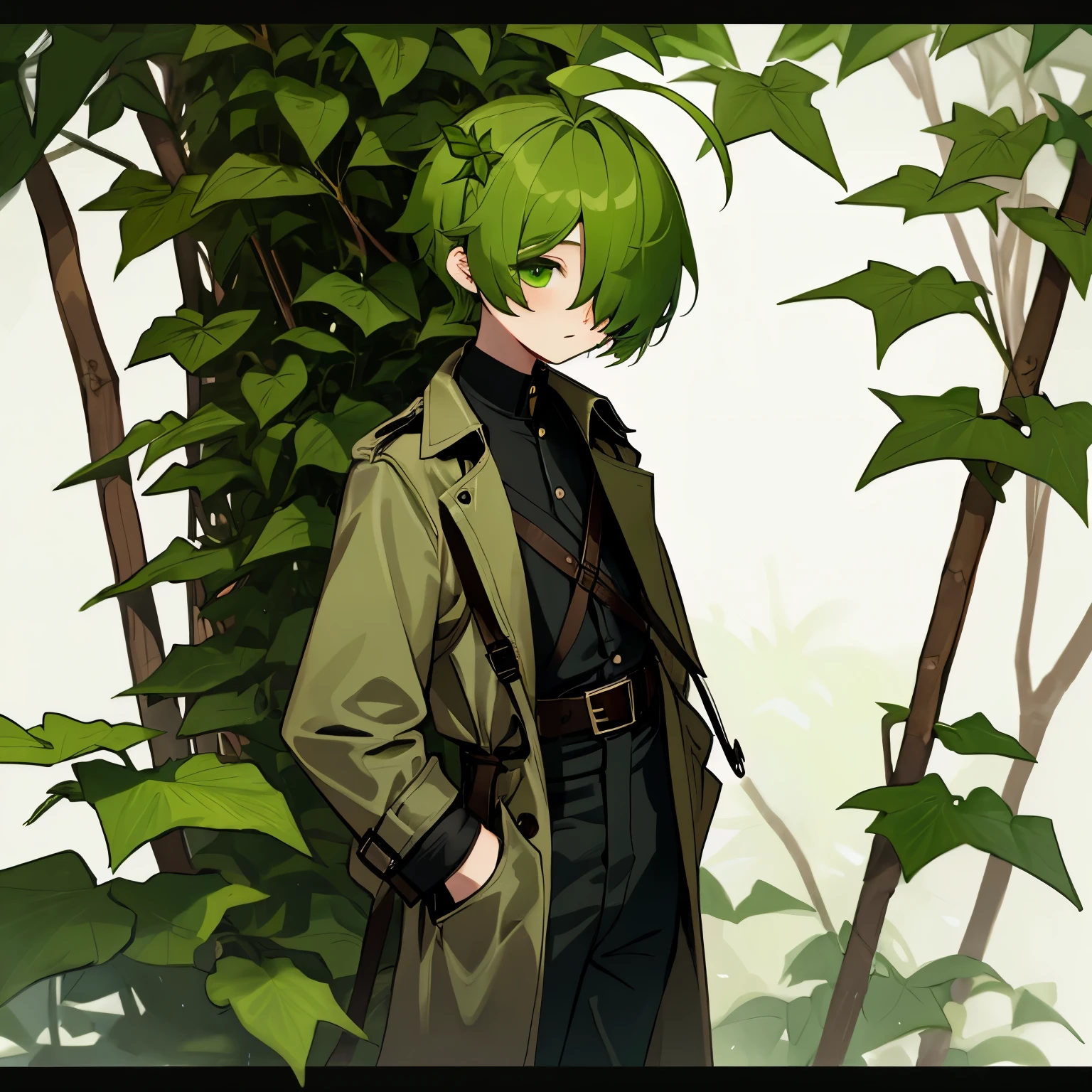 (boy), Dryad, green ivy hair, green eyes, short cut, side part, ahoge, hair over one eye, thin eyebrows, young, alone, short, Shota, pants, trench coat, long boots, plant hair accessory, wide pants, harness, fingerless glove, belt, Solo, with a left hand bow, upper body