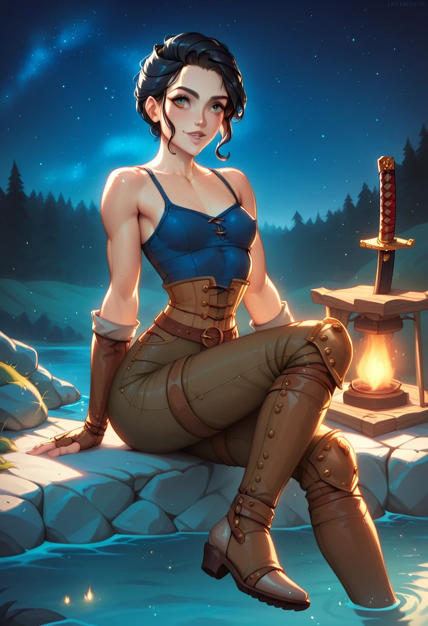 (solo, 1 fit girl, masterpiece, best quality, small breasts in fabric dark blue tank top, night medieval camp) An illustration of a young woman in a medieval setting. She is sitting on a rocky shore near the water, sitting in cool and relaxed pose. The woman is slender with a well-defined fit build and super narrow wasp-waist (with long legs, with super narrow waist,with small boobs). She has short black hair. Her eyes are grey, expressive, and have a grey hue. She is wearing a cool outfit (a form-fitting black sleeveless tank top and brown-white leather armor on her thighs with detailed metal boots). Next to her lies a katana with a simple yet elegant design, planted in the ground. The background consists of warm and cozy medieval war-camp with bonfire (night time, starry night sky, beautiful bonfire). The atmosphere is calm, with soft, diffused night lighting highlighting the details of her metallic armor pants and the textures of the forrest. Ensure the proportions of her body are realistic, and the pose conveys a dynamic yet relaxed feel.