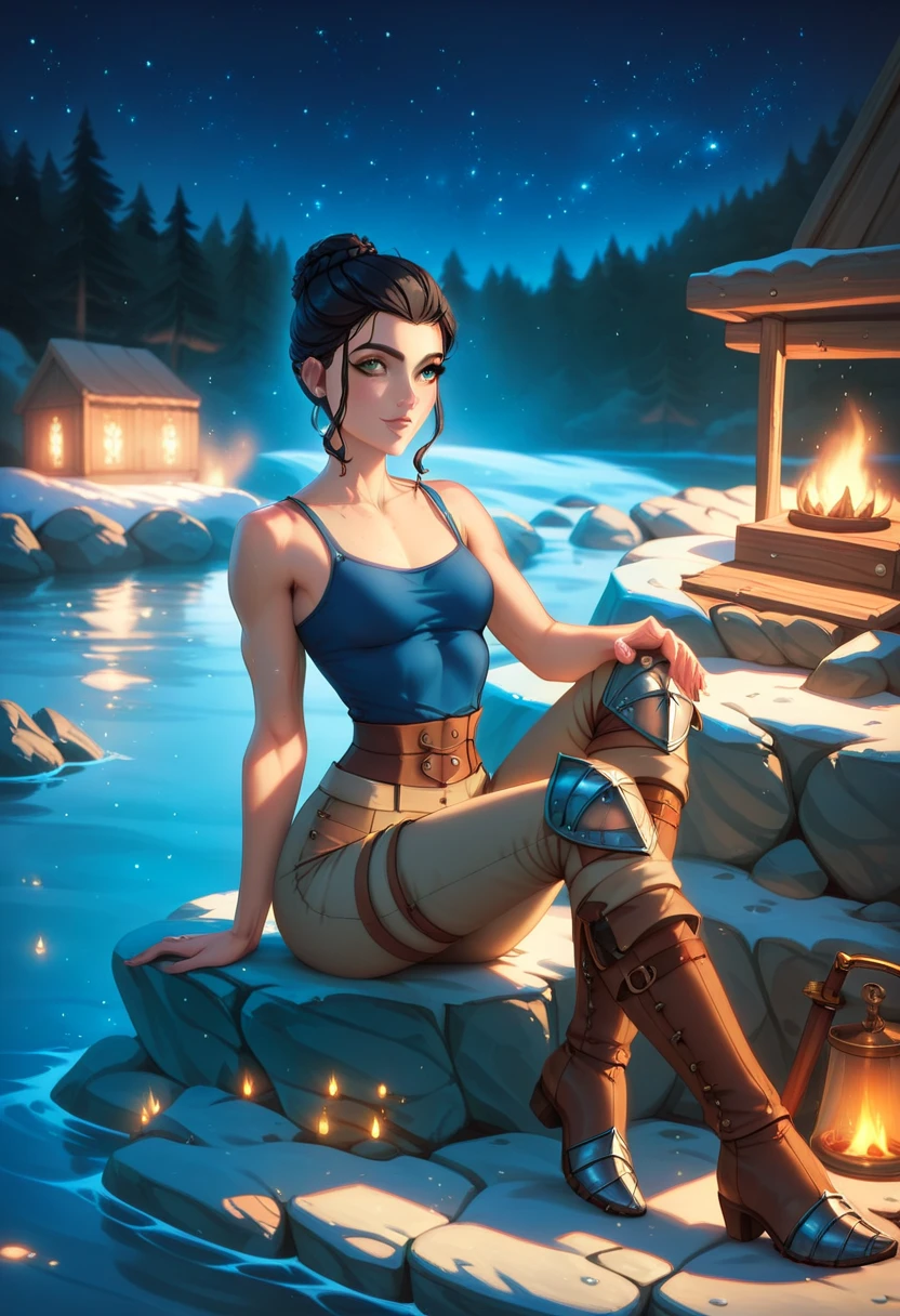 (solo, 1 fit girl, masterpiece, best quality, small breasts in fabric dark blue tank top, night medieval camp) An illustration of a young woman in a medieval setting. She is sitting on a rocky shore near the water, sitting in cool and relaxed pose. The woman is slender with a well-defined fit build and super narrow wasp-waist (with long legs, with super narrow waist,with small boobs). She has short black hair. Her eyes are grey, expressive, and have a grey hue. She is wearing a cool outfit (a form-fitting black sleeveless tank top and brown-white leather armor on her thighs with detailed metal boots). Next to her lies a katana with a simple yet elegant design, planted in the ground. The background consists of warm and cozy medieval war-camp with bonfire (night time, starry night sky, beautiful bonfire). The atmosphere is calm, with soft, diffused night lighting highlighting the details of her metallic armor pants and the textures of the forrest. Ensure the proportions of her body are realistic, and the pose conveys a dynamic yet relaxed feel.