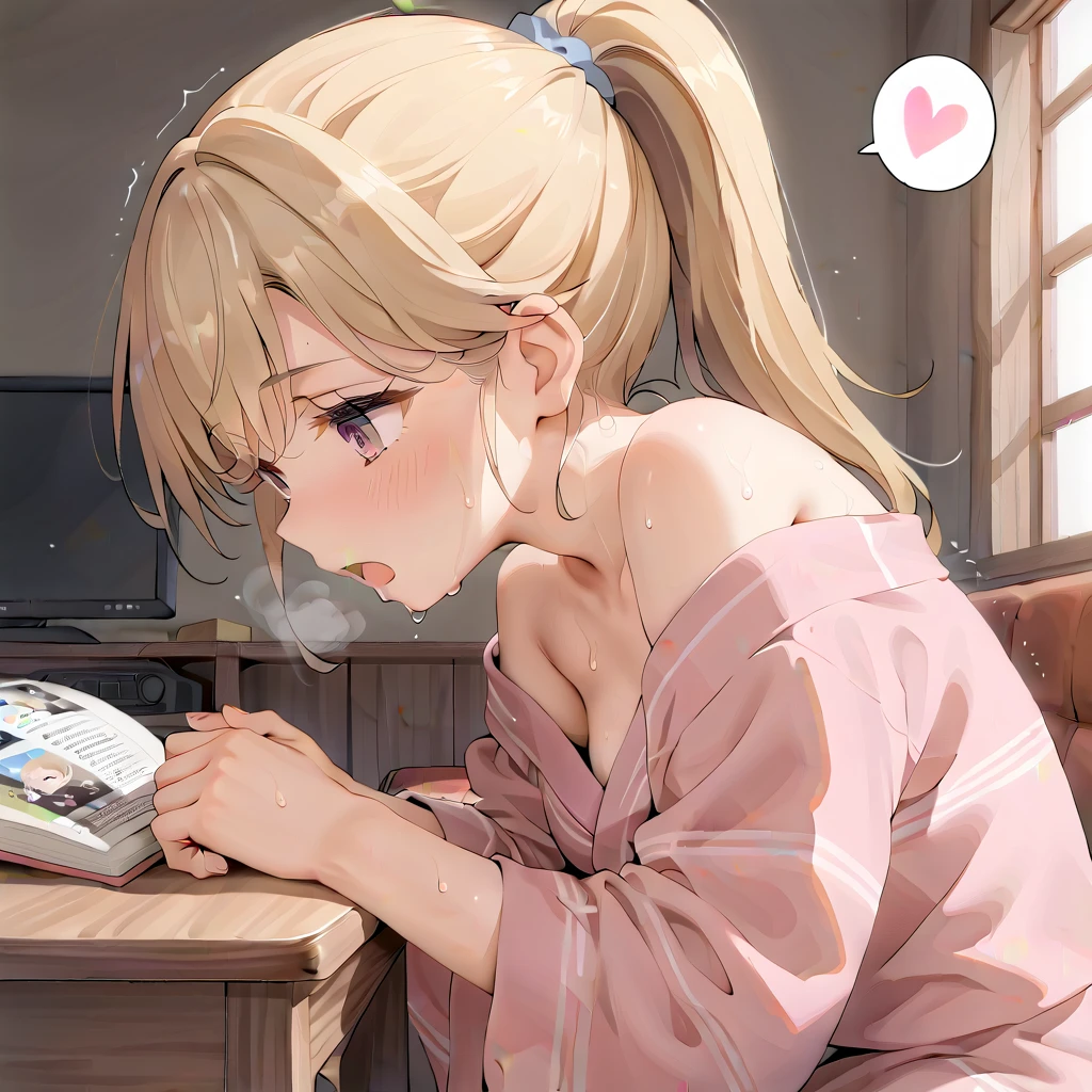 (masterpiece,beautiful,hughres,CG,8k,16k,best quality,high-resolution,detailed eyes:1.5),anime,source anime,illustration,(face close up:1.2),from side,(1girl,Alone:1.5),(indoor:1.5),Glass window,Open book,Planting,(across table:1.6),(kotatsu:1.6),(in the kotatsu:1.6),(head down:1.6),Plunge into the kotatsu ,profile,(arms at sides,Put your arm in the kotatsu :1.4),(no-hands:1.6),(blonde hair:1.5),pink eyes,(ponytail:1.4),( light pink yukata :1.5),(off-shoulder),small breasts,(sitting),( masturbating inside the kotatsu:1,1),(female orgasm:1.3),(trembling:1.4),(gasping,heavy breathing,blush:1.5),(impatience1.1),flustered,(fidgeting around:1.4),(steam:1.2),(sweat skin,sweat:1.4),(streaming tears:1.3),(drooling:1.1),(looking away:0.5),(looking down:1.4),(spoken heart:1.3),(narrow one's eyes:1.6),(open mouth:1.2)