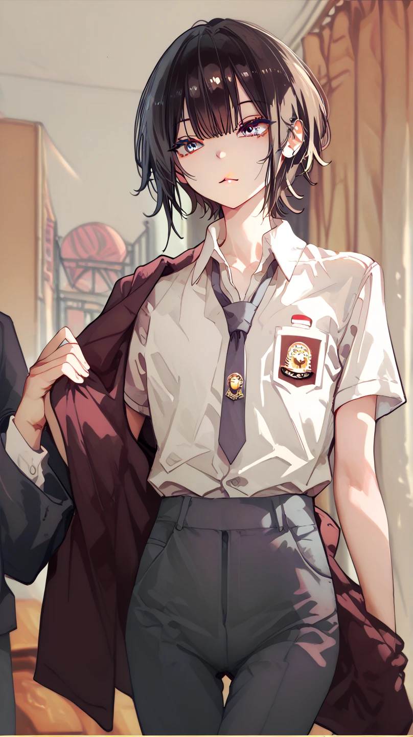 Hanako-kun, boy, Indonesian high school uniform, flat chest, long uniform pants, slim, black hair