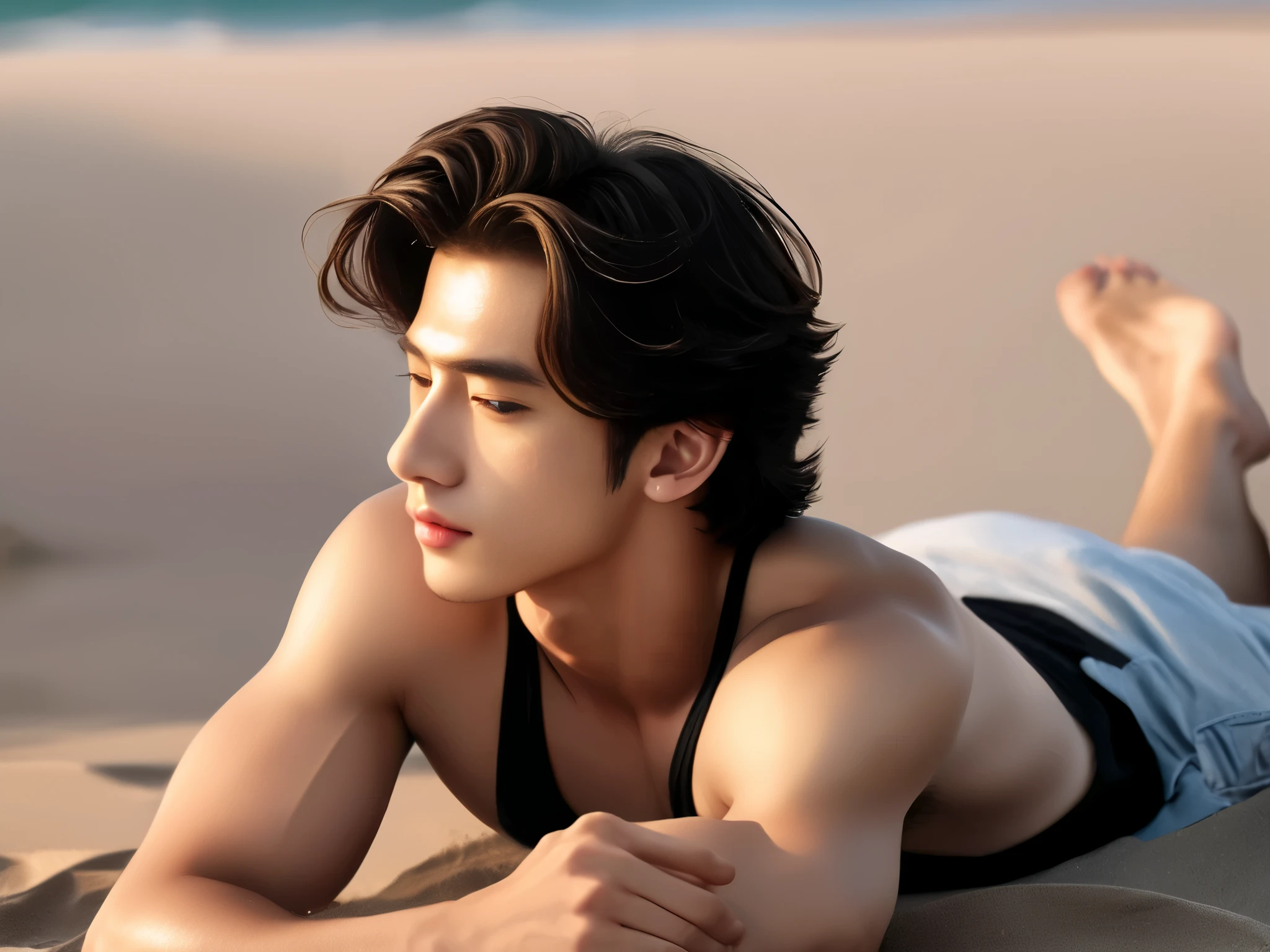 A beach scene of a handsome young man. His hair is messy from sleeping, but he is charming and adorable. He is lying on a picnic sheet on the sand, wearing a simple black shirt and white thong. ((Very large bulge: 1,6)), ((Large detailed outline: 1,6)), He is posing with his hands on his ankles, with a satisfied look on his face. The light is softly streaming in, creating a warm and calming atmosphere. It brings him into emotional focus and creates a calm atmosphere. The image quality is excellent, with natural soft lighting and very detailed and realistic. Ultra High Resolution, Best Quality, SLR Camera, (Cinema Scene), Very Detailed, Realistic Lighting, Smooth, Fujifilm XT3,