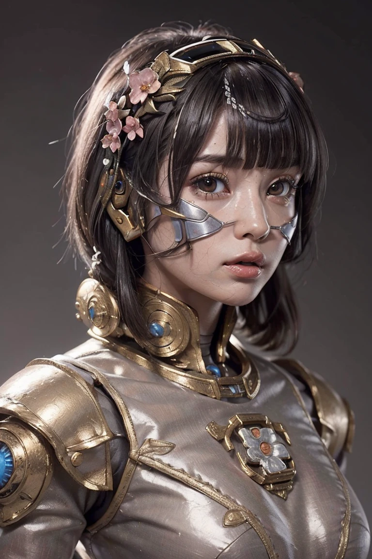 (masterpeace), ((super real photography: 1.5)), ((photo realistic: 1.3)), (real photo), 
young girl with a lot of flowers, ((A young girl robot: 1.5)),  (bust statue: 1.3), 
BREAK
headgear, ((real metalic skin)), ((beautiful face: 1.5)), ((Super cute: 1.5)), ((babyface: 1.5)), ((well-balanced face)), longeyelashes, stunning big eyes, luscious glossy lips, ((blunt bangs: 1.5)), (long hair), 
BREAK
(slender body: 1.3), petite bust, flower bloom, (flowers: 1.5),
BREAK
High-Mechanic body, octane rendering, Super Detailed machine, ((connected electric cables)), 
BREAK
(simple background: 1.3), ((bust shot: 1.3)), cinema quality, professional photograph, (photo studio: 1.5), (Bright Light: 1.2), Eye-Level Shot, wide lens, (fujifilm 35mm), (film photo), RAW, Excessive Embellishment, UHD, 
BREAK
anatomically correct, textured skin, best quality, 8k