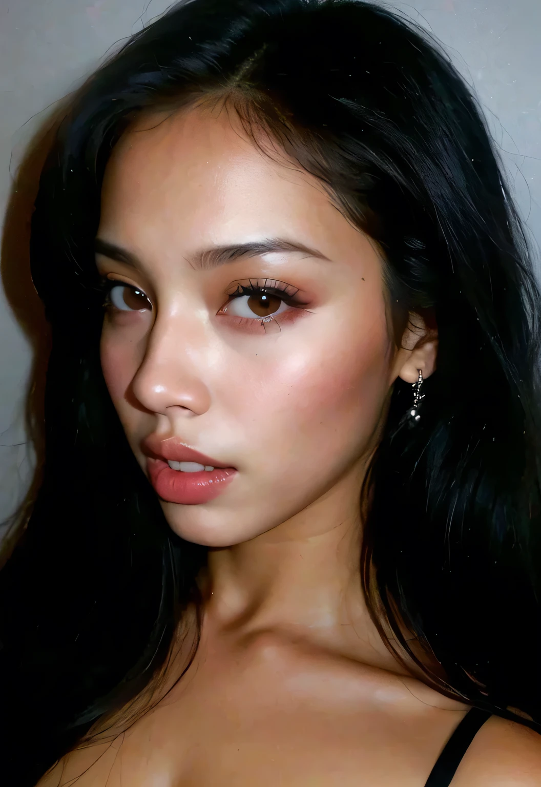 arafed woman with long black hair and a black bra top, gorgeous latina face, portrait sophie mudd, with dark complexion, portrait of vanessa morgan, sultry expression, thick lips, she has olive brown skin, face like ester exposito, black hair and large eyes, attractive female face!!!, basia tran, gorgeous beautiful woman