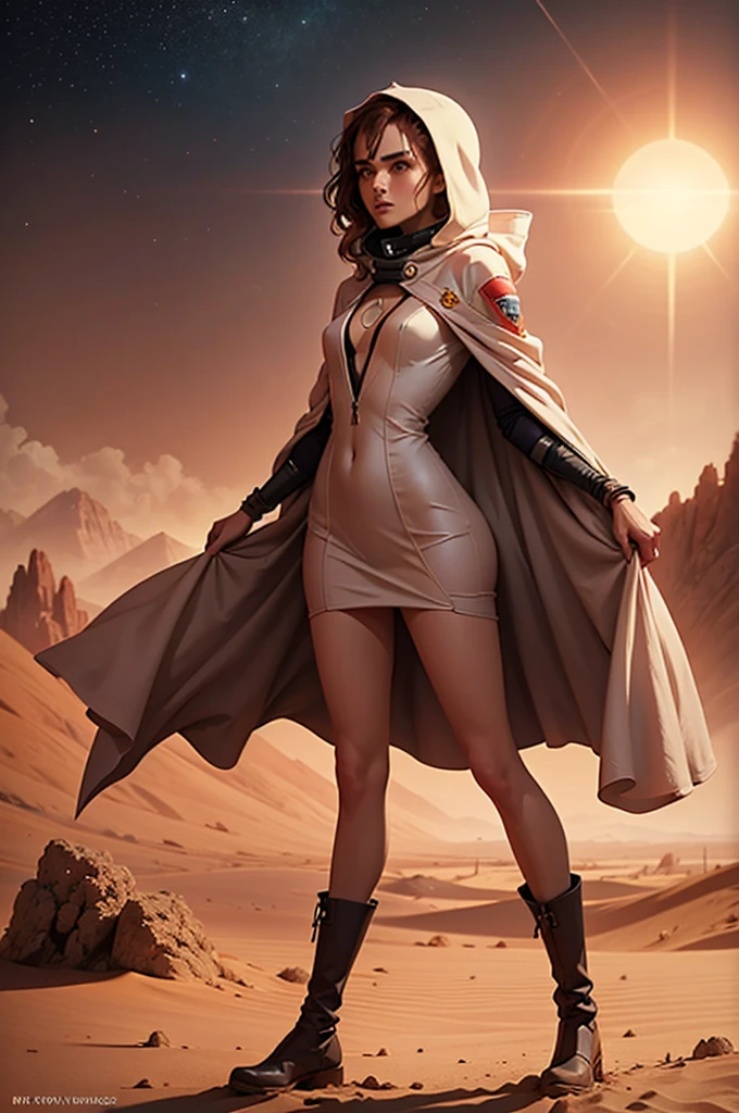 A captivating depiction of a Martian nomad, a striking woman with windswept auburn hair peeking out from under a tattered, hooded survival cloak. Her attire is a mix of rugged, form-fitting fabric and metallic accents, designed for survival in the harsh Martian environment. Her piercing eyes, reflecting both defiance and resilience, are framed by freckles across her sun-kissed skin. She carries a sleek, futuristic staff with glowing blue energy cores, hinting at hidden technology.

The scene is set in the middle of a Martian desert under a swirling, dust-laden sky. Towering crimson rock formations and endless dunes surround her, with faint remnants of ancient alien structures visible in the distance. Her pose is dynamic yet graceful, one foot on a dune, her gaze focused on the horizon, as if seeking something vital.

The atmosphere is rich with vivid, warm tones, the glowing staff and small bits of advanced tech adding cold, vibrant blue contrast to the red and orange Martian backdrop. Detailed textures on her cloak and boots, the fine dust clinging to her attire, and the intensity of the harsh sunlight create an immersive, high-resolution composition