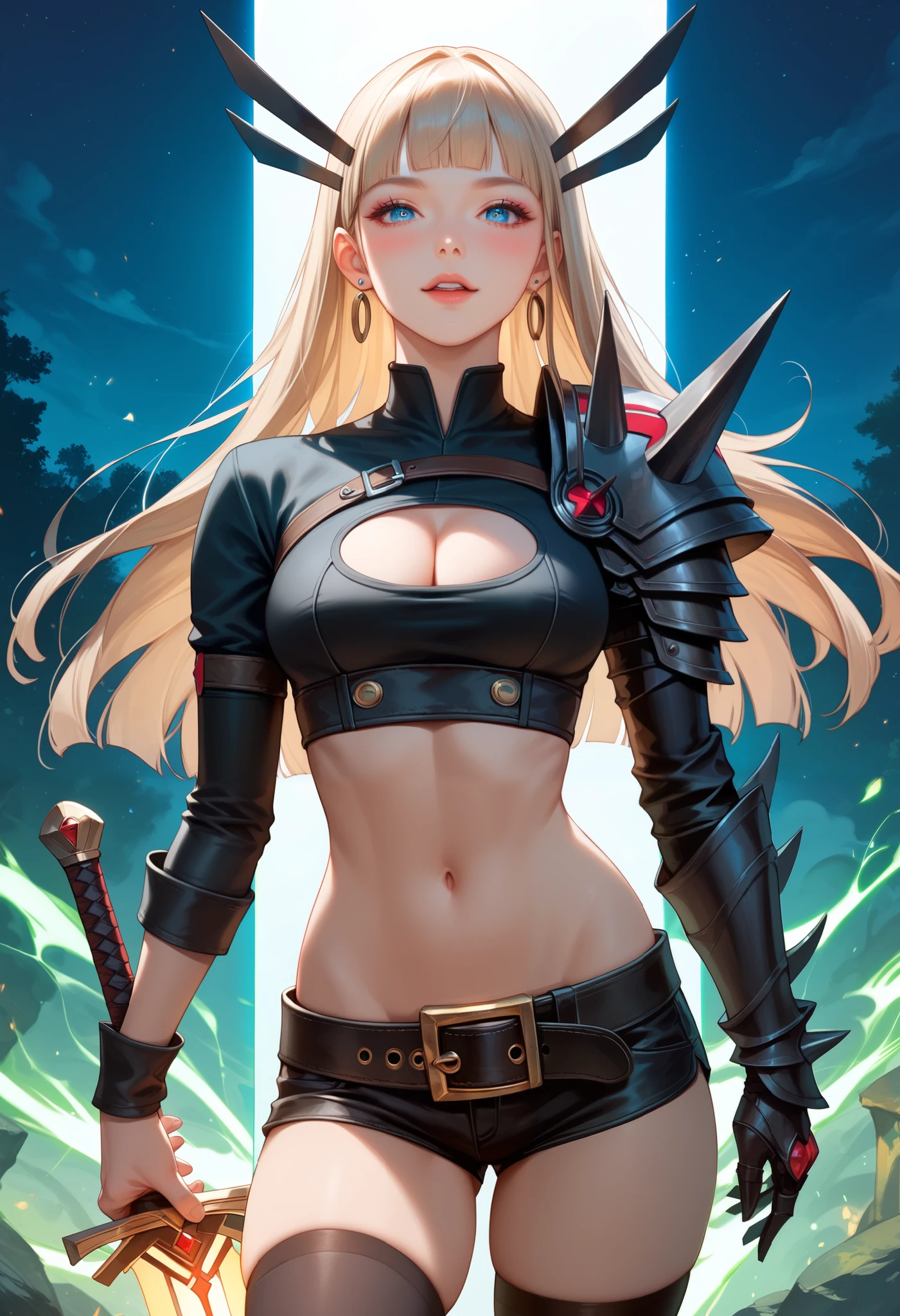 (score_9, score_8_up, score_7_up, score_6_up), anime, high res image, Beautiful girl with slim body, (masterpiece, detailed:1.2), (1girl:1.5), MagikMarvel, (beige hair, long straight hair, blunt bangs), (earrings, hair ornament), (dynamic poses), looking at viewer, (blushing red, aroused), (blue eyes, detail eyes, eyelashes), Beautiful eyes, (big perky breasts:1.3), (slim body), (thick hips, thick thighs), (beautiful detailed face, beautiful detailed eyes), ((crop top, black single glove, black single gauntlet, shorts, midriff, belt, thighhighs, black spikes, cleavage cutout, black single shoulder armor, boots)), (late night), ((cowboy shot:1.3)), seductive, (sword, holding sword, energy sword)